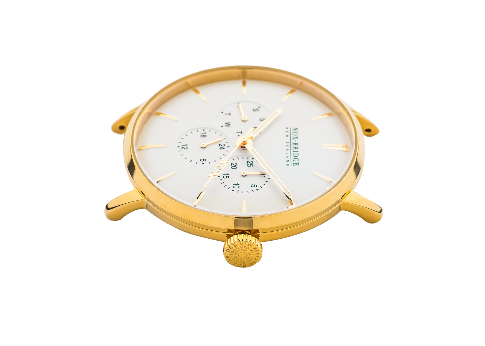 Noxbridge AG41 watch case bottom view showing chronograph subdials and gold case