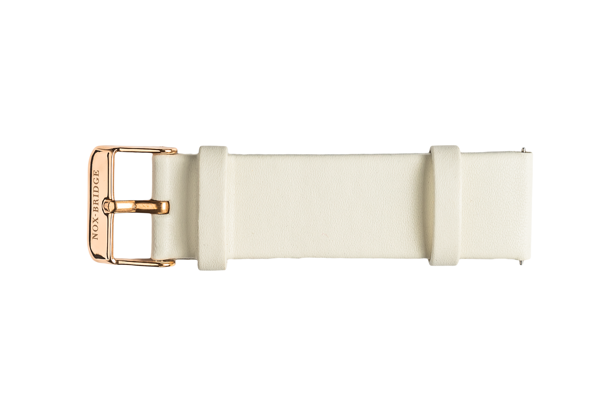 White vegan leather strap with metallic gold buckle and engraved details
