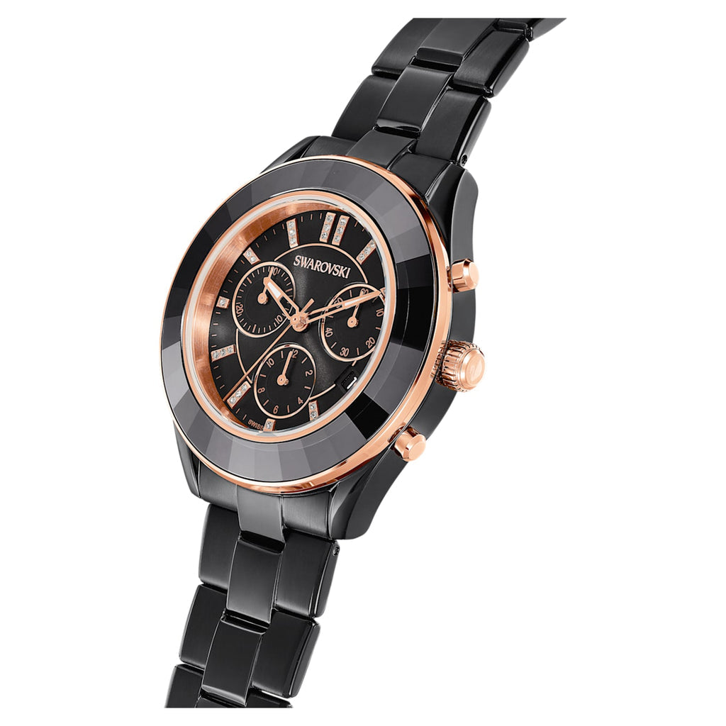 Swarovski Octea Lux Sport Faceted Crystal Bezel Black Dial Black PVD Unisex Watch 5610472