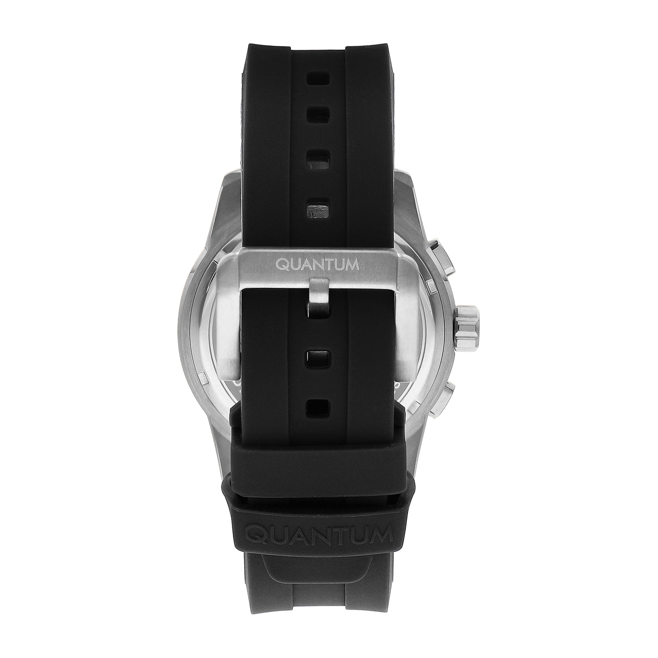 Caseback view of Quantum ADG991.391 showing black silicone strap attachment