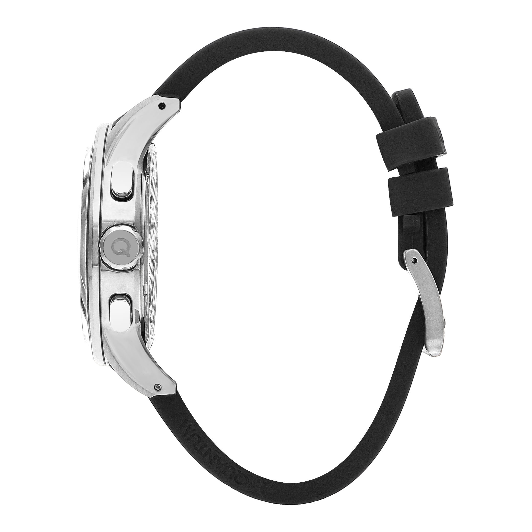 Side view of Quantum ADG991.391 watch with silver case and black silicone strap