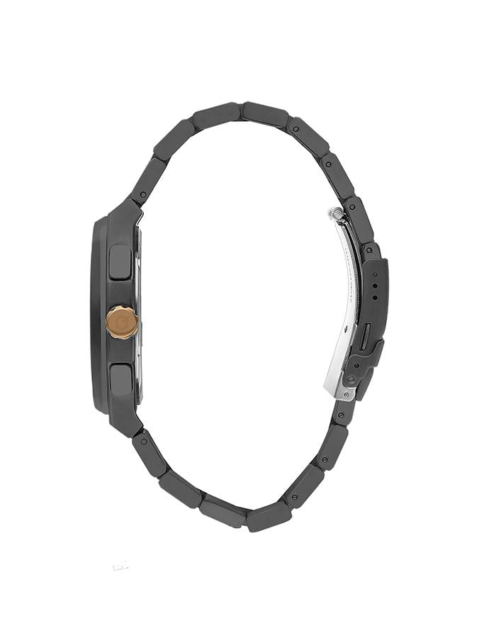 Gunmetal stainless steel strap with rose gold crown detail on Quantum Chronograph watch