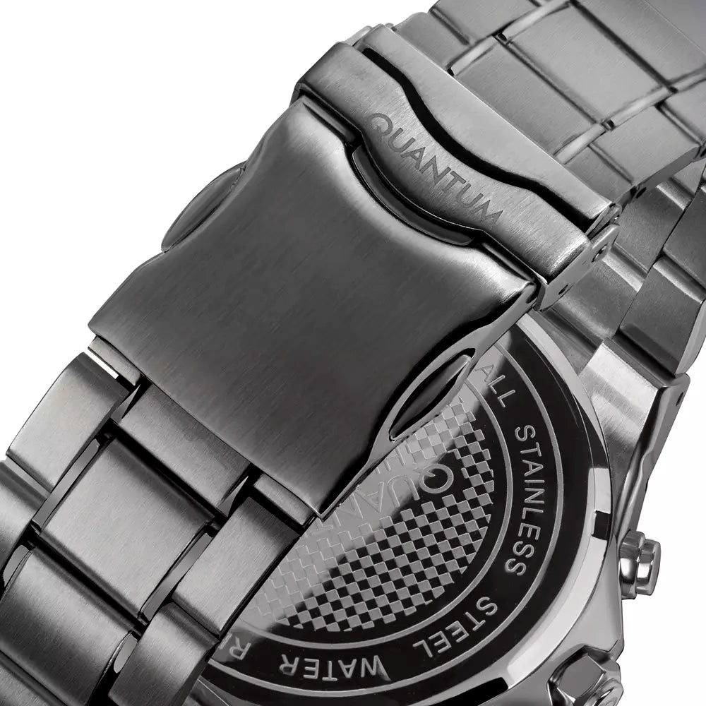 Case back detail of Quantum watch showing engraved logo and text
