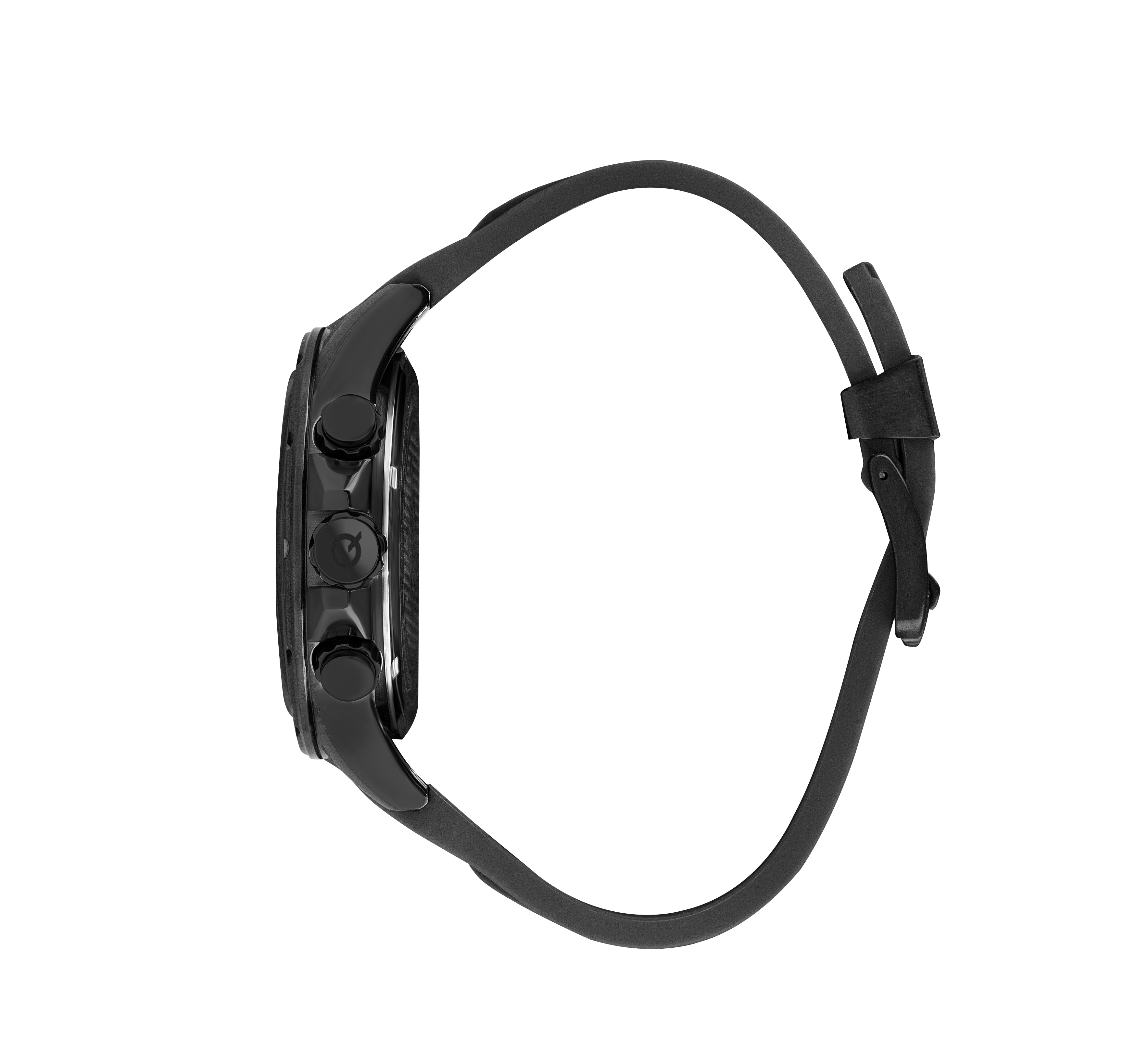 Side view of black chronograph watch with black silicone strap
