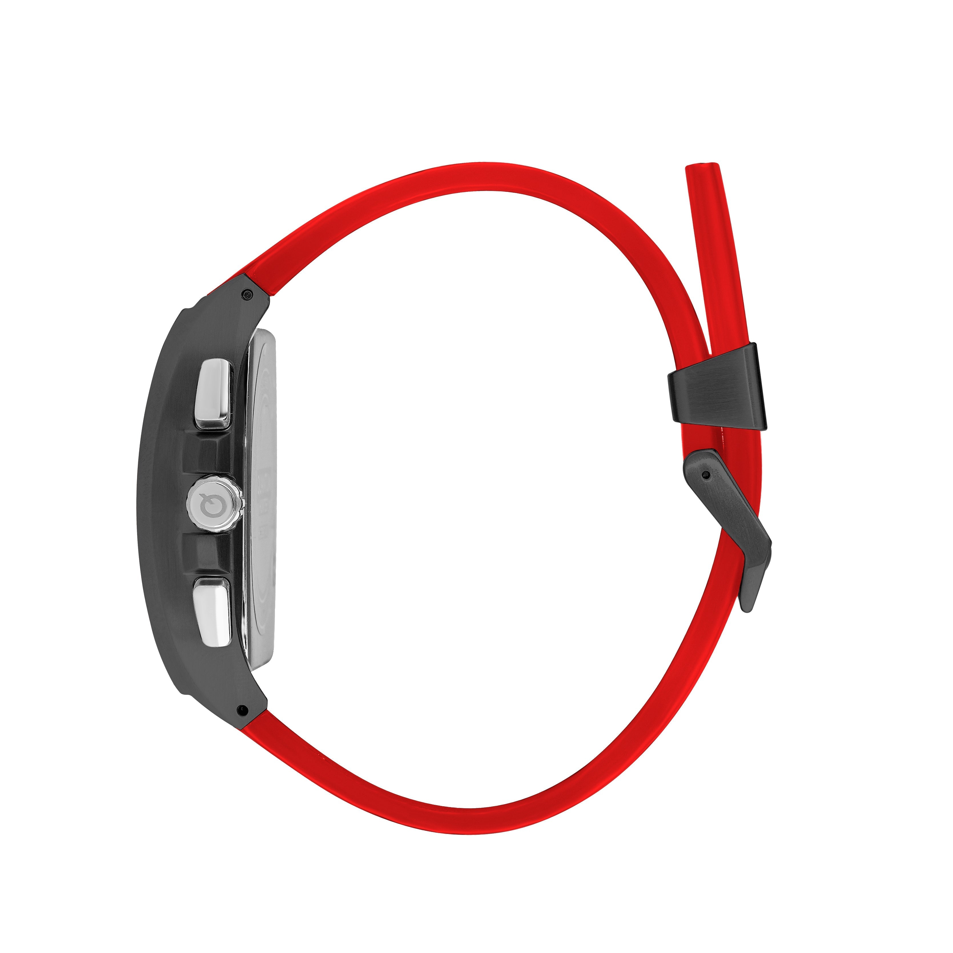 Quantum HNG997.068 watch with red silicone strap worn on wrist, side view