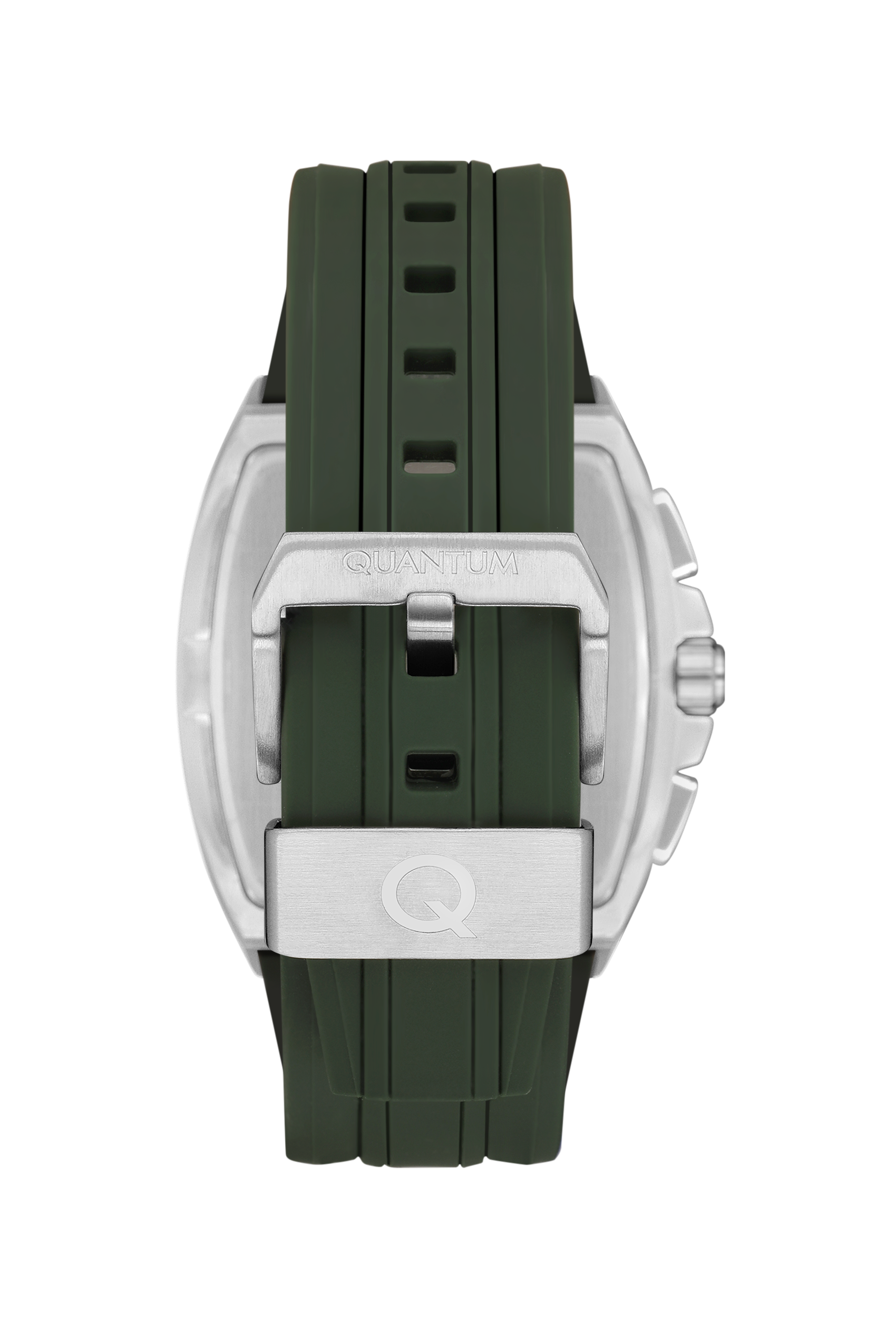 Quantum watch green silicone strap with silver case clasp detail