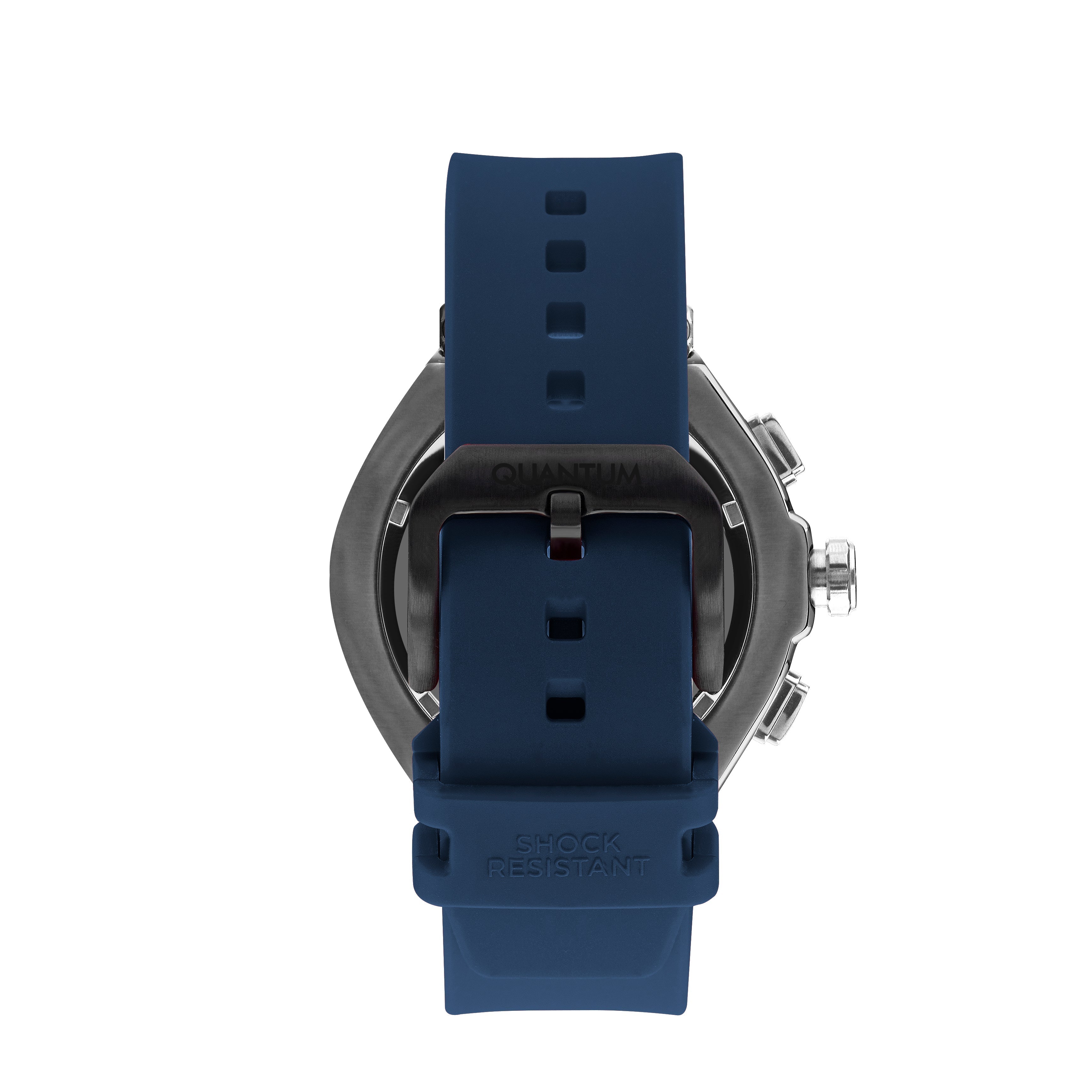 Caseback view of Quantum Hunter HNG1010.099 with blue rubber strap attachment