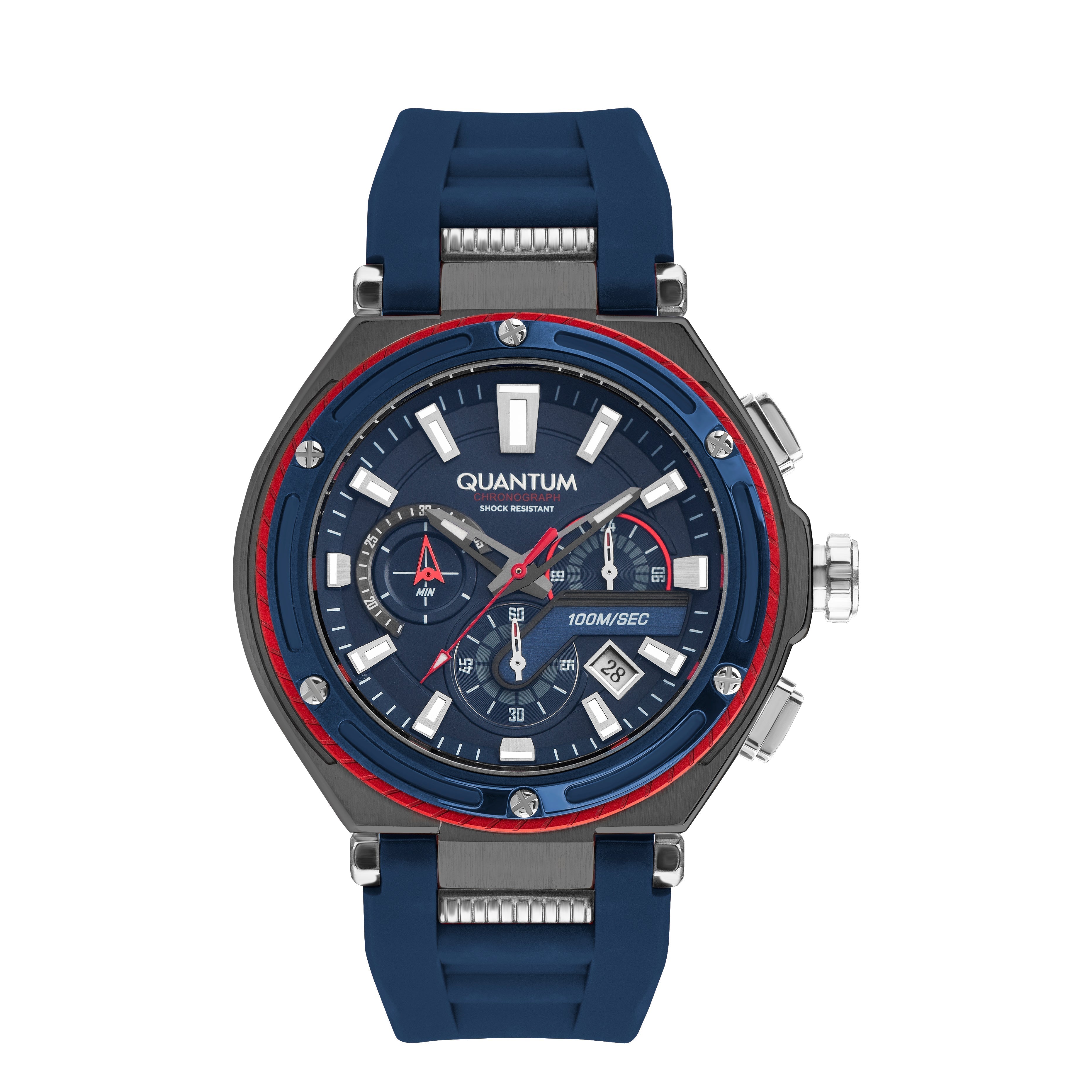 Quantum Hunter HNG1010.099 dark blue chronograph watch with gunmetal case and red bezel