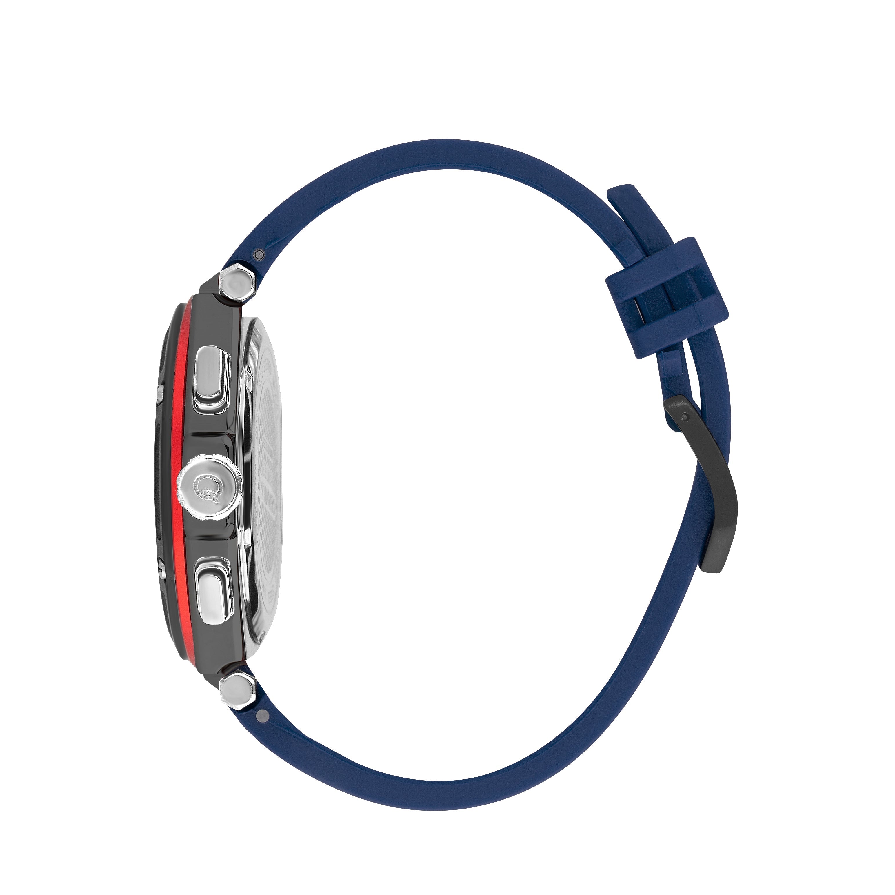 Side view of Quantum Hunter HNG1010.099 showing gunmetal case and blue rubber strap
