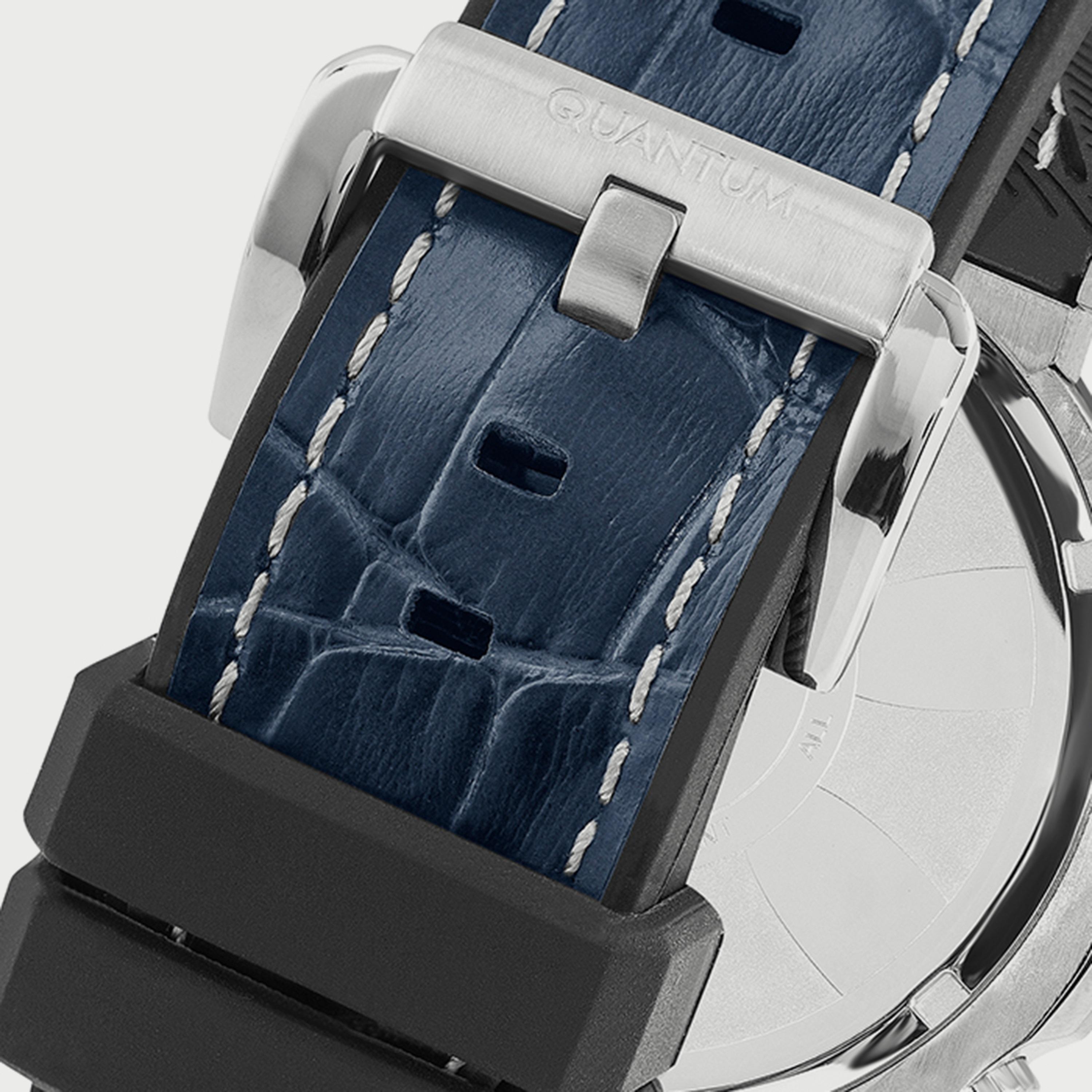 Quantum Powertech watch strap detail showing blue leather with white contrast stitching and silver clasp