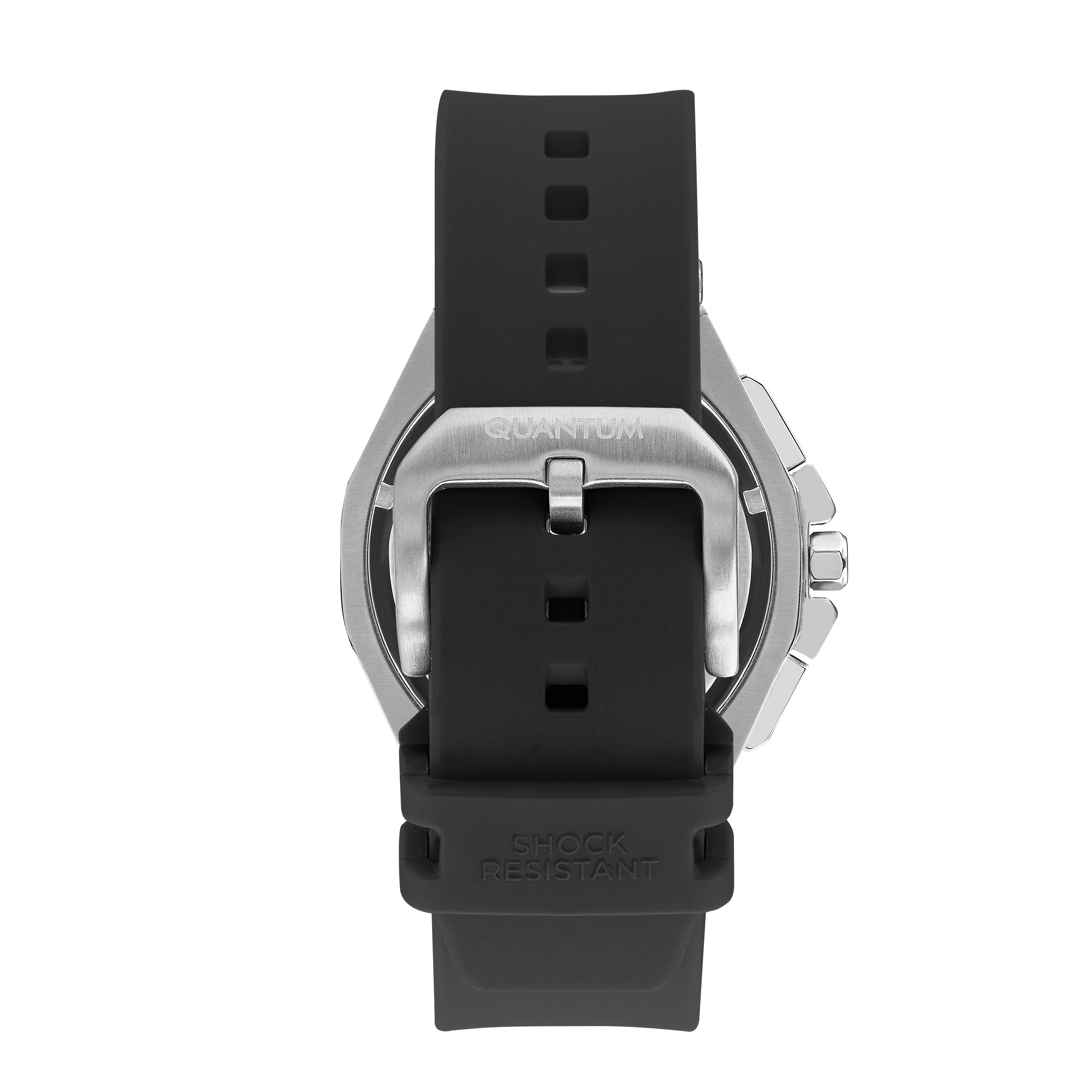 Back view of Quantum chronograph watch showing case back with silicone strap