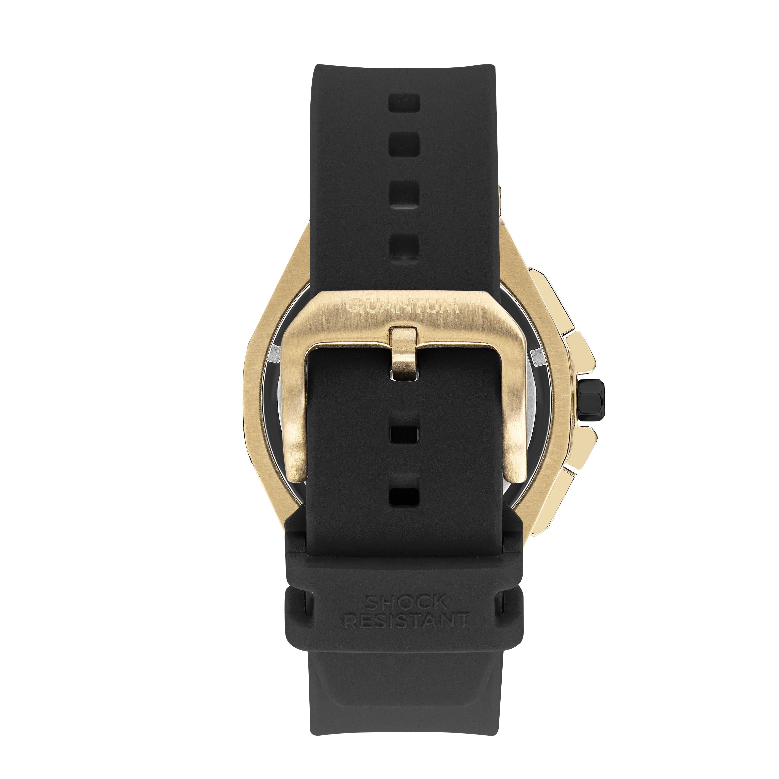 Back view of Quantum chronograph watch showing case back and silicone strap details