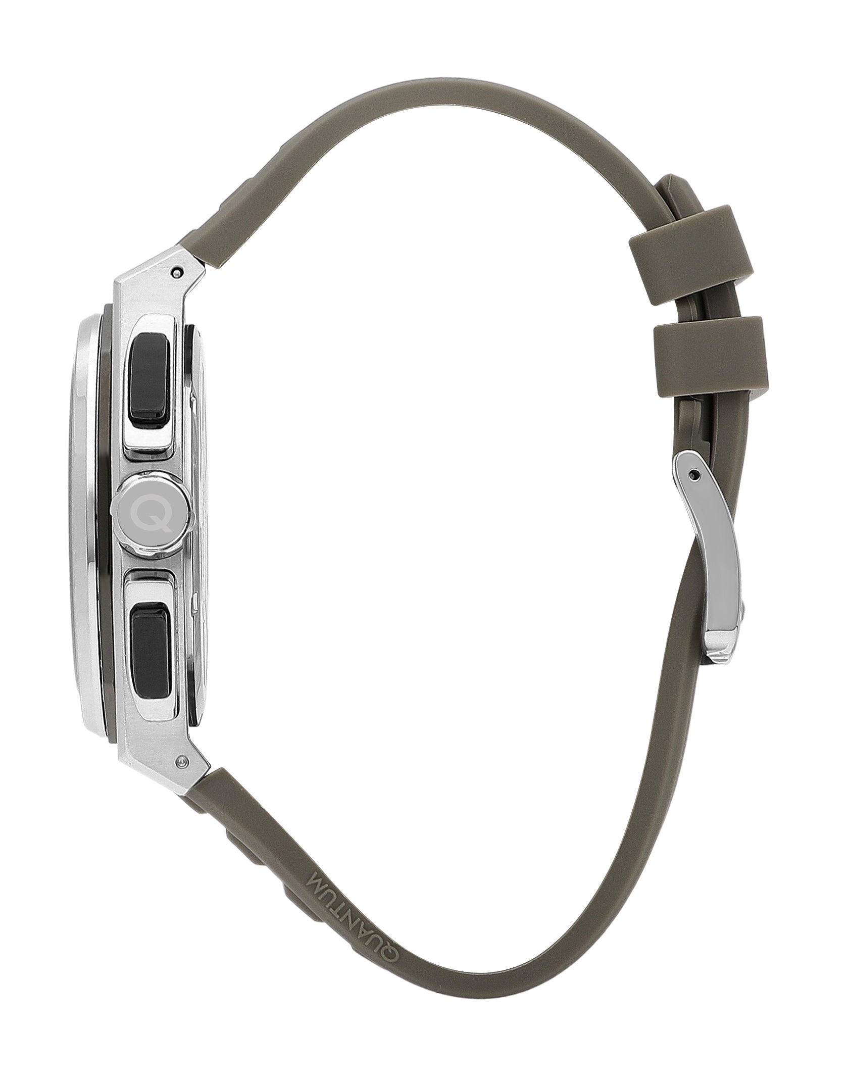 Side profile of Quantum watch showing beige silicone strap and silver case thickness