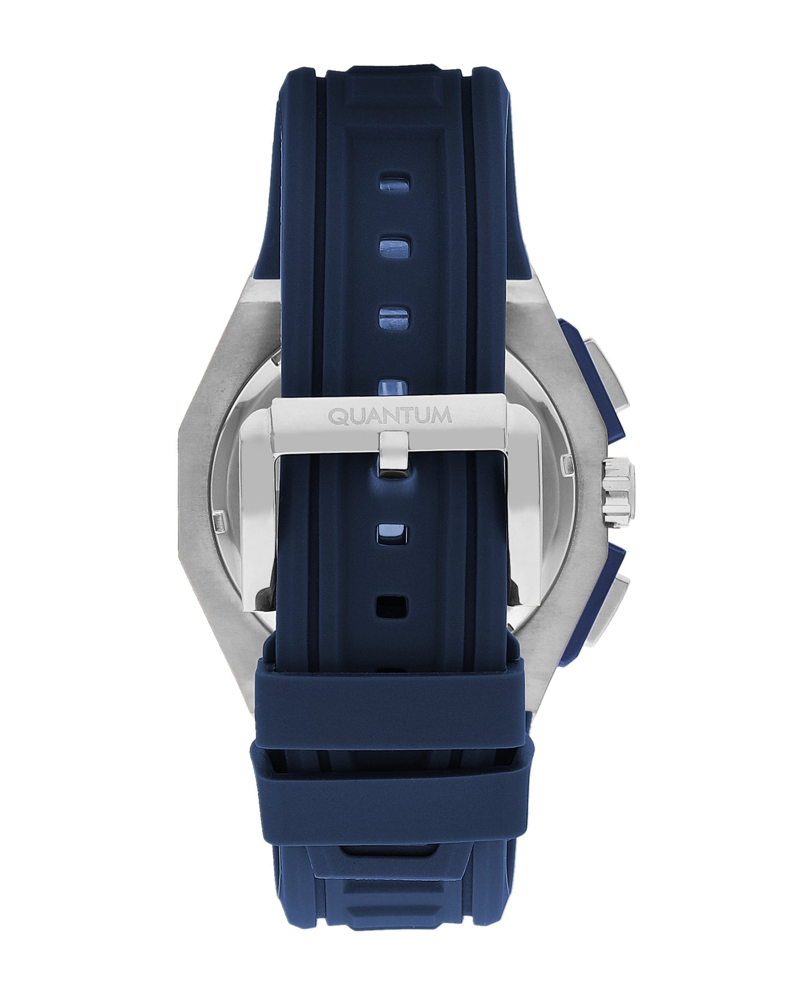 Quantum PWG1078 watch caseback displaying navy strap and silver case back