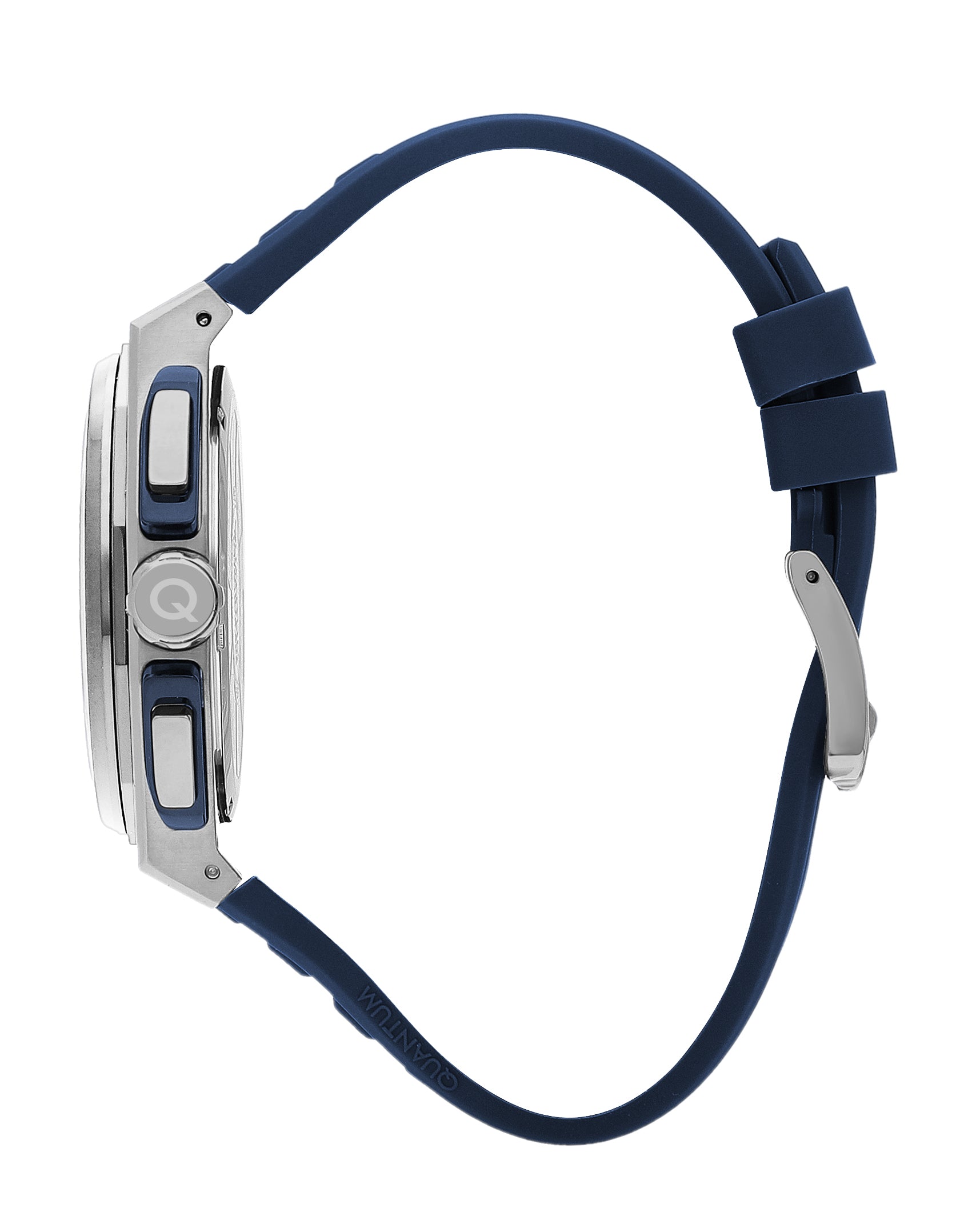 Quantum PWG1078 watch side view showing silver case and navy silicone strap