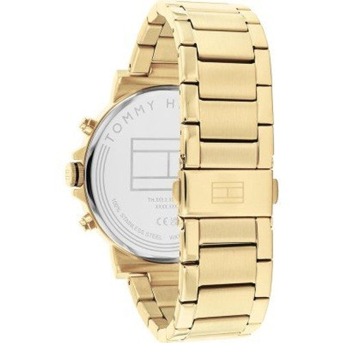 Back view of Tommy Hilfiger gold watch showing caseback and solid gold bracelet