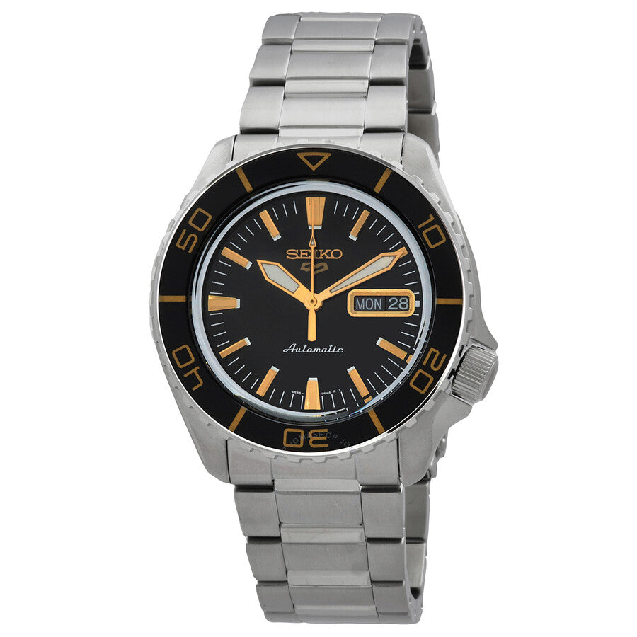 Seiko 5 Sports SKX SRPK99K1 automatic watch with black dial and golden hands and markers