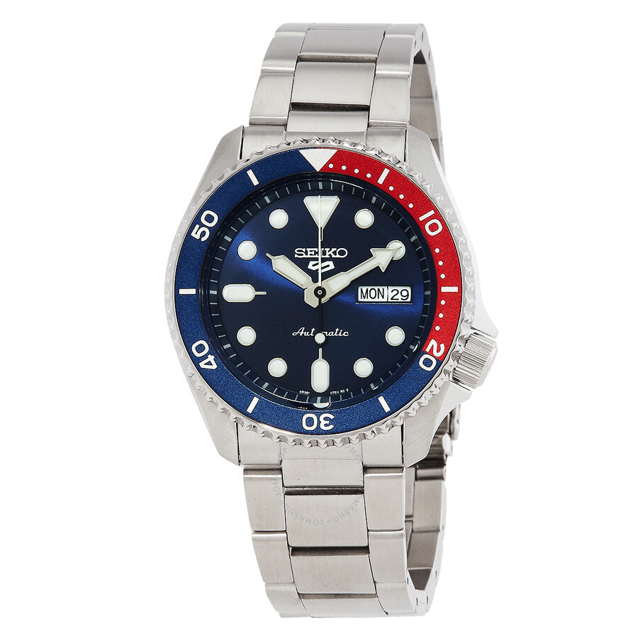 Seiko 5 Sports automatic watch with blue dial, red and blue pepsi bezel, silver stainless steel case and bracelet
