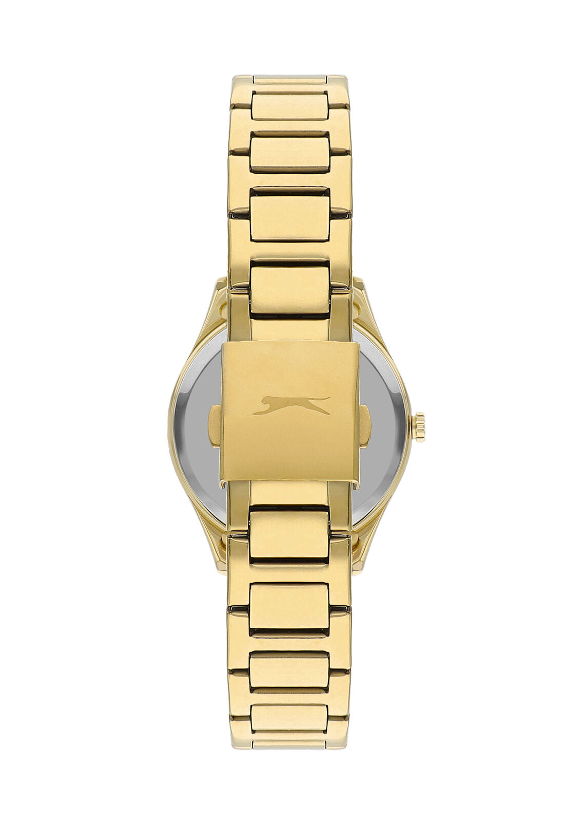 Slazenger Carolina watch back view showing gold stainless steel case and bracelet