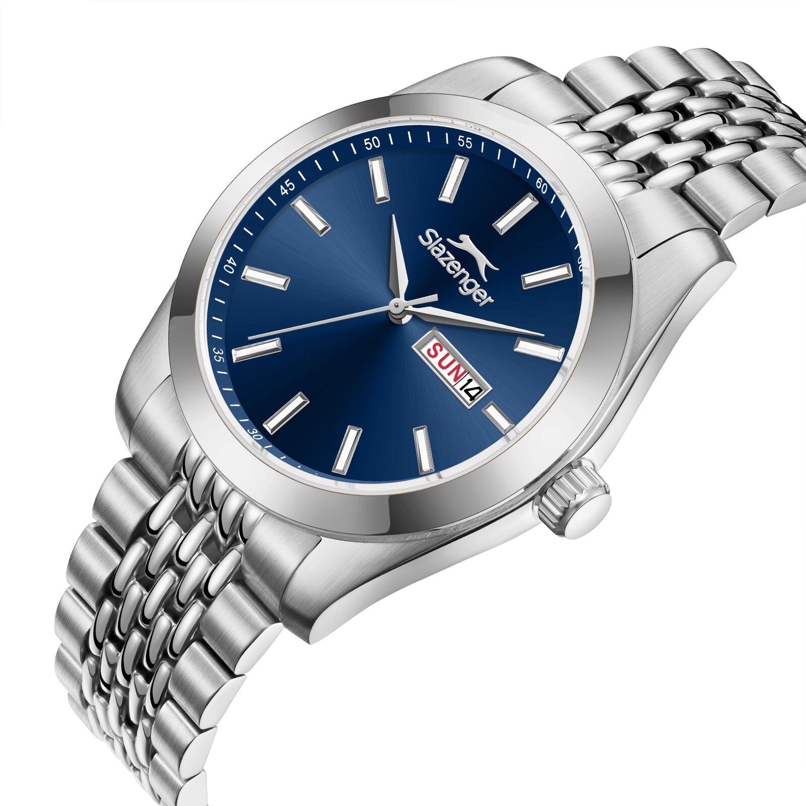 Side angled view of Slazenger Classic watch showing blue dial and silver metal bracelet
