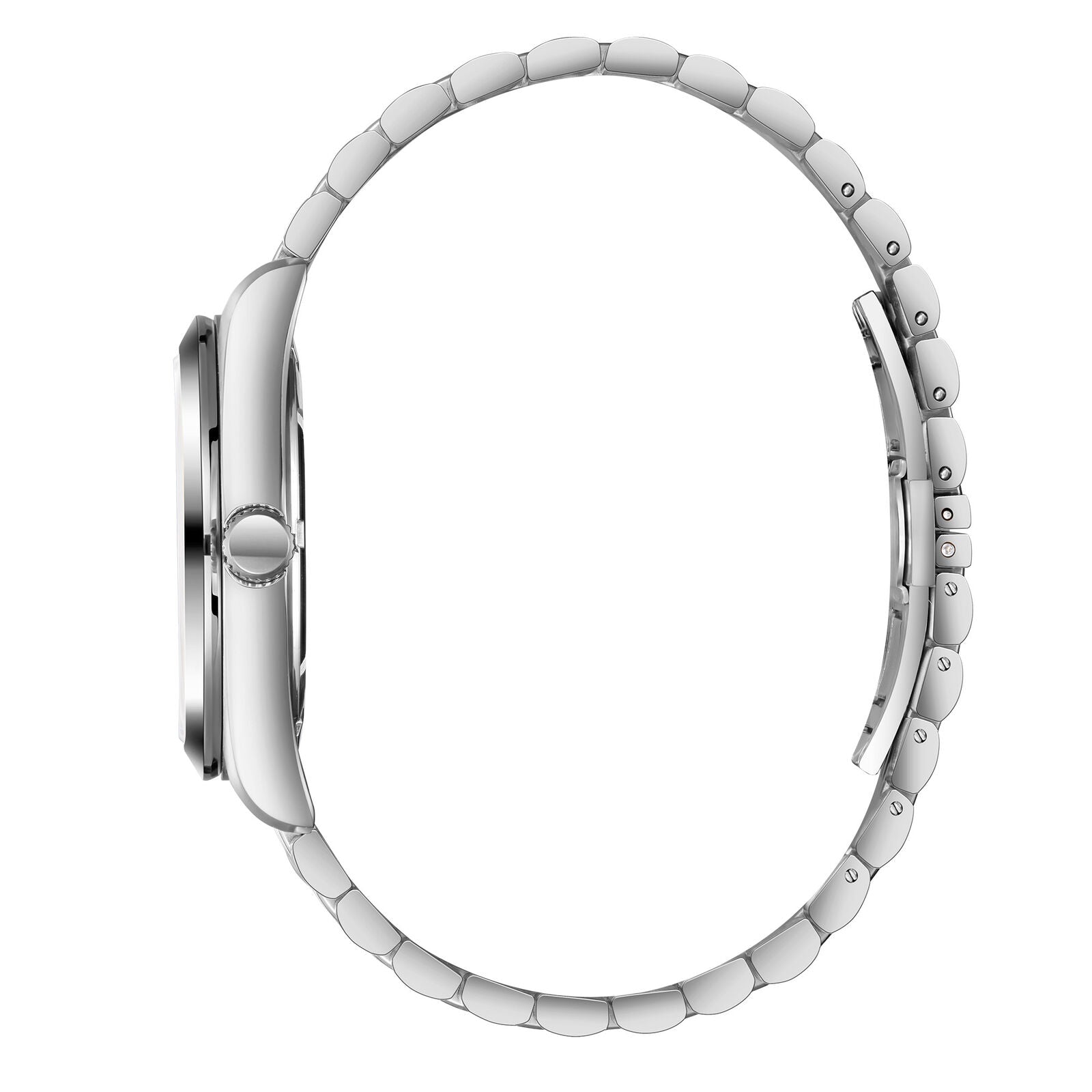 Side profile view of Slazenger Classic watch case and silver metal bracelet strap