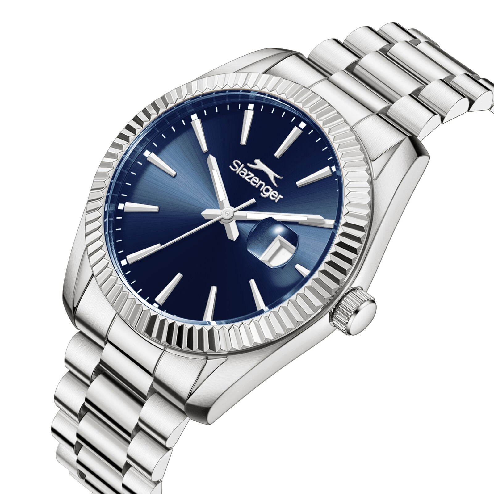 Slazenger Classic watch angled view showing silver bracelet and blue sunray dial