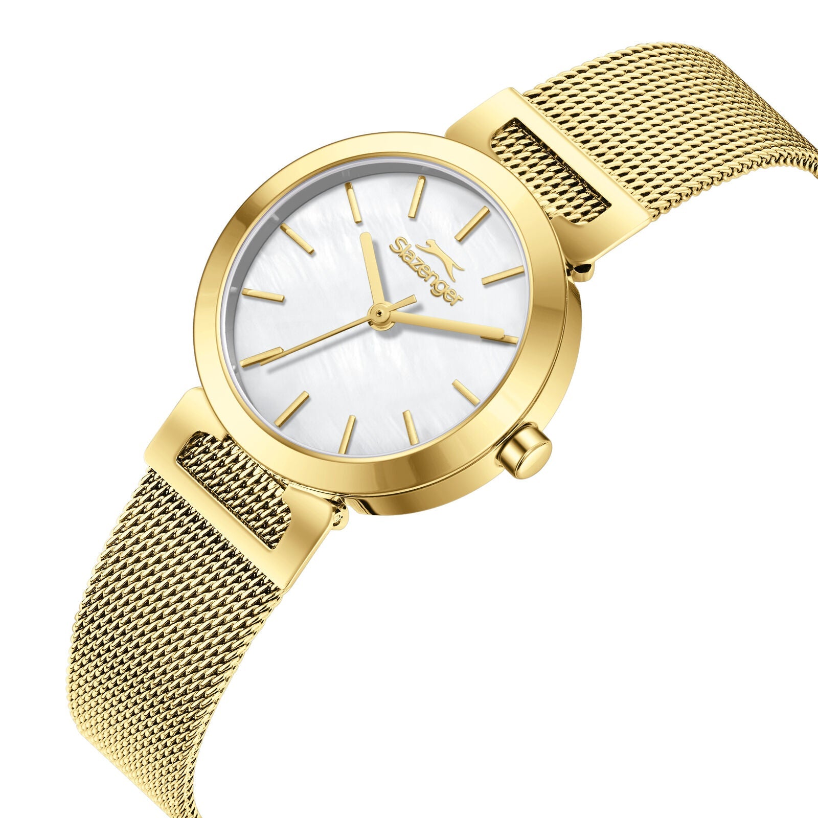 Slazenger Classic gold mesh watch angled view showing white dial and bracelet