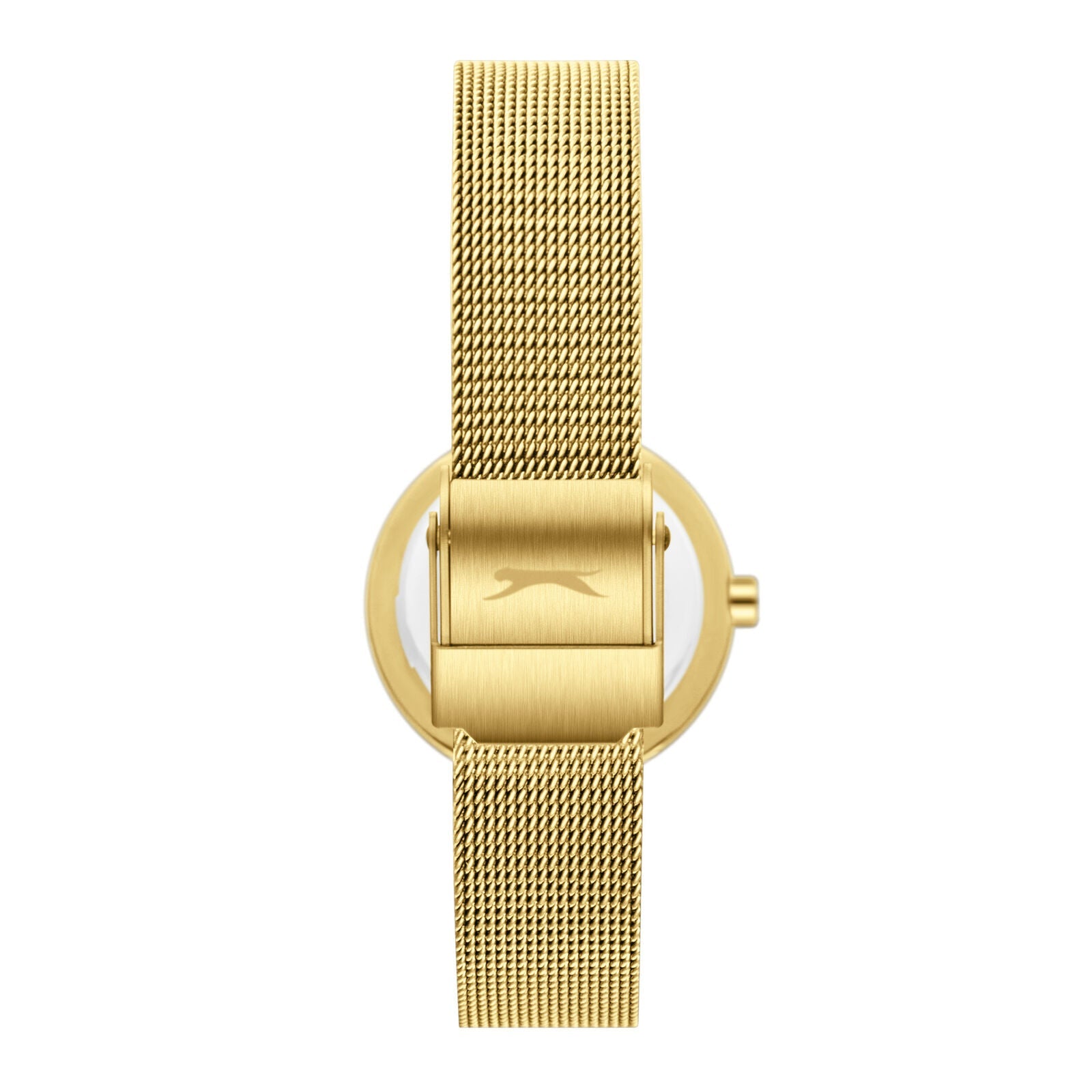 Slazenger Classic watch caseback showing gold case and mesh band attachment