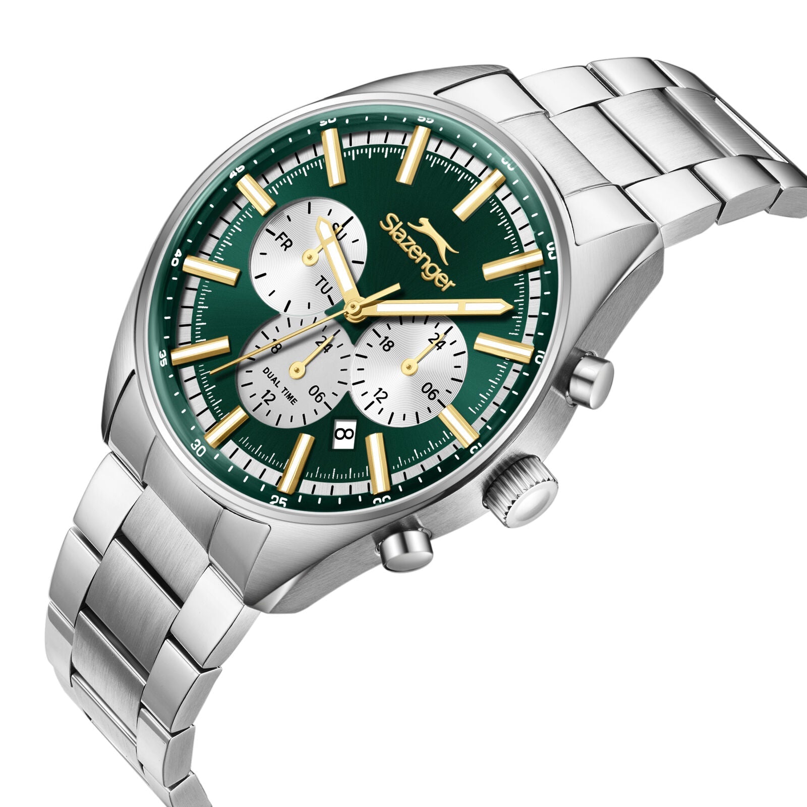 Slazenger Classic Sport watch angled view showing green dial with chronograph subdials and silver bracelet