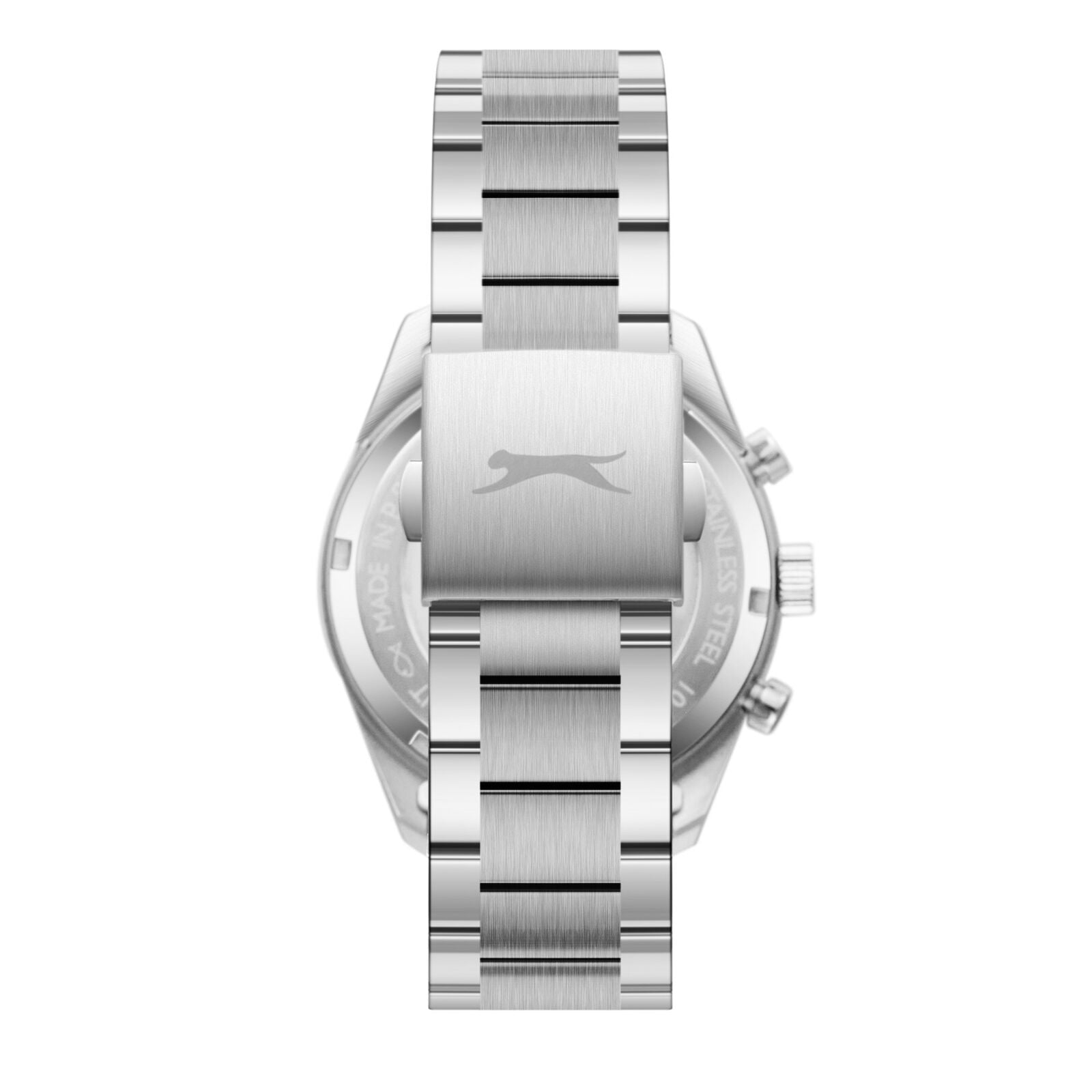 Slazenger Classic Sport watch caseback view showing Slazenger branding and silver metal bracelet