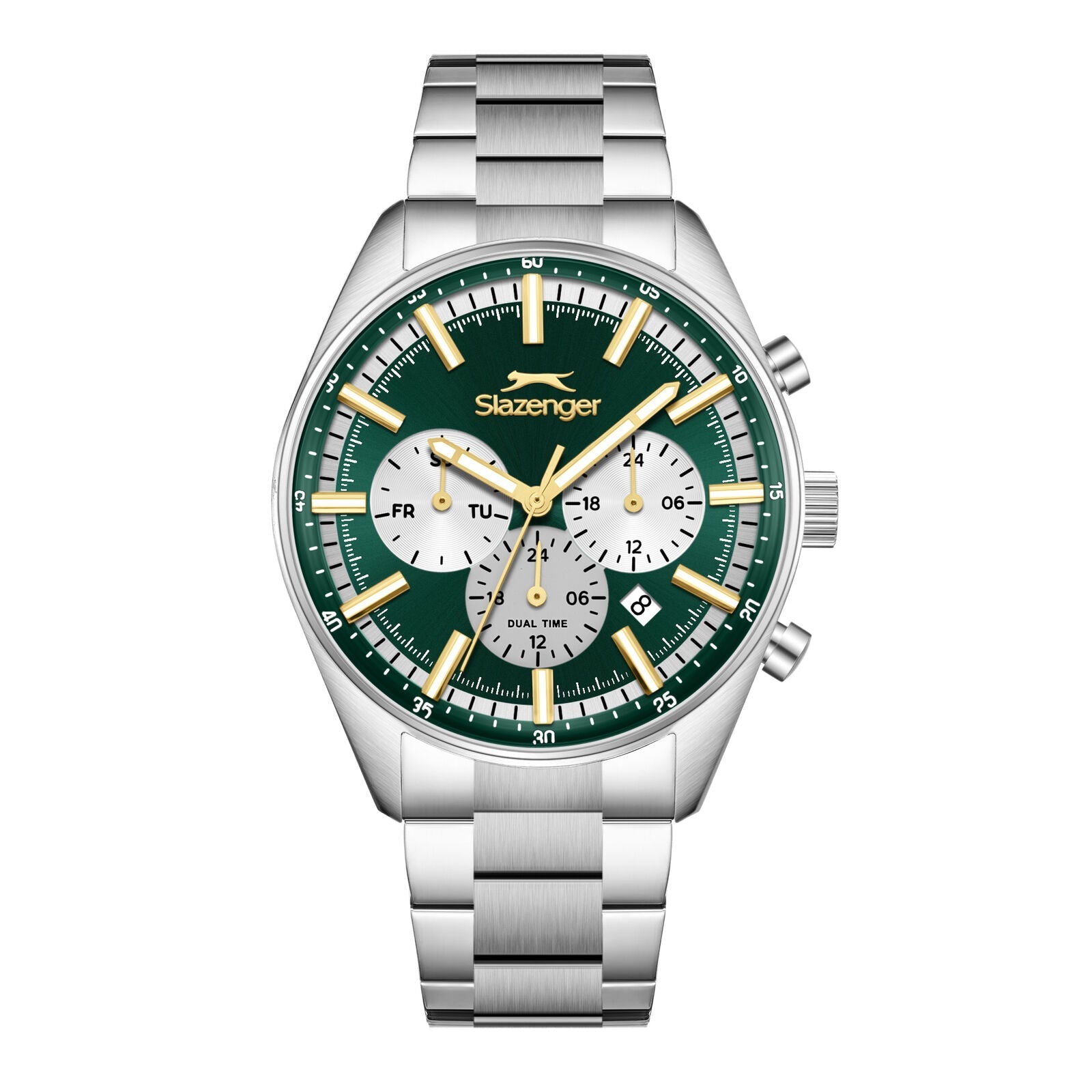 Slazenger Classic Sport multifunction watch with green dial and silver bracelet, front view