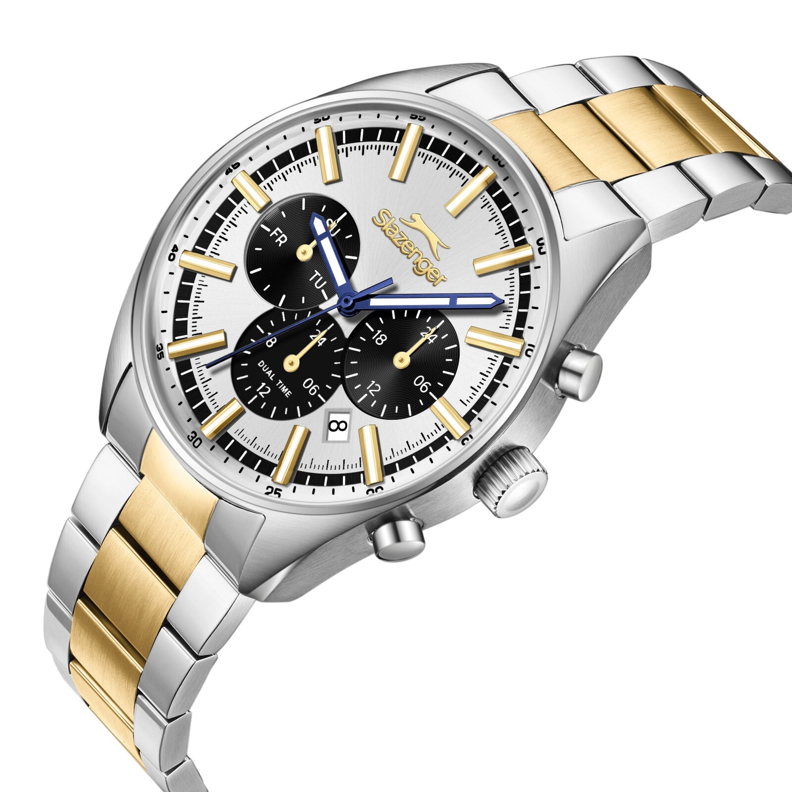 Angled view of Slazenger Heritage chronograph showing two-tone case and mixed metal bracelet