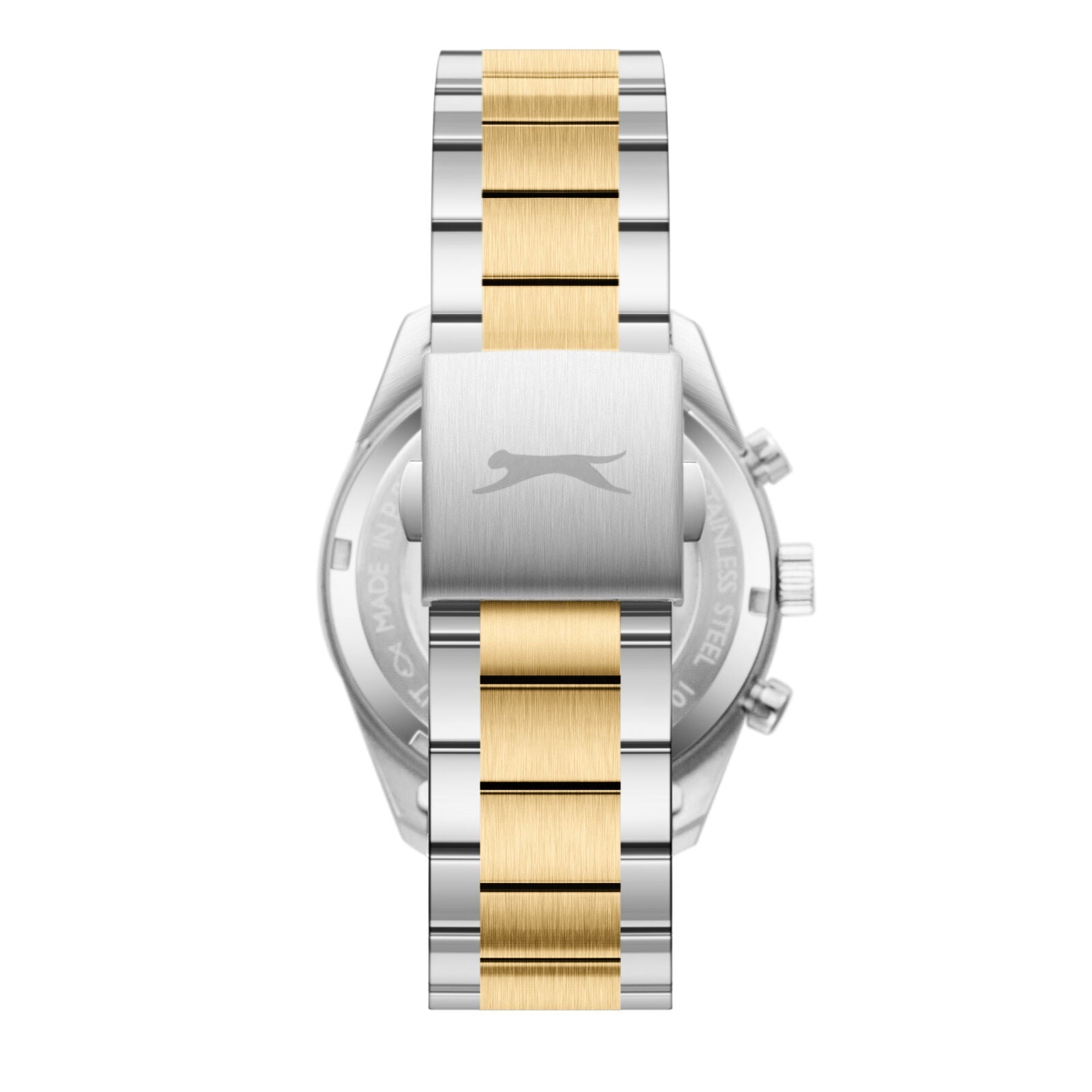 Caseback of Slazenger Heritage watch showing Slazenger logo engraved on metal case cover