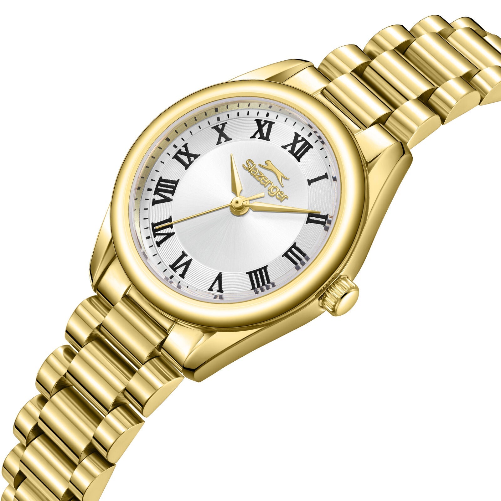 Slazenger gold watch at angle showing dial and metal bracelet