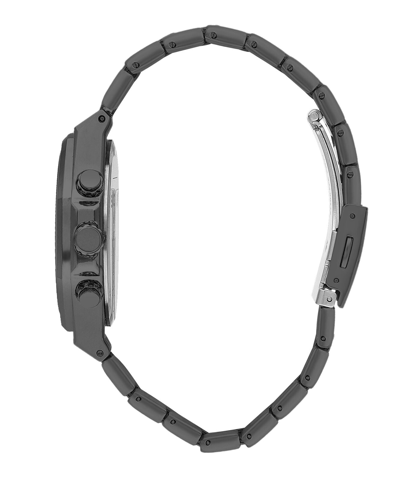 Side view of grey stainless steel Slazenger watch showing chronograph pushers and bracelet