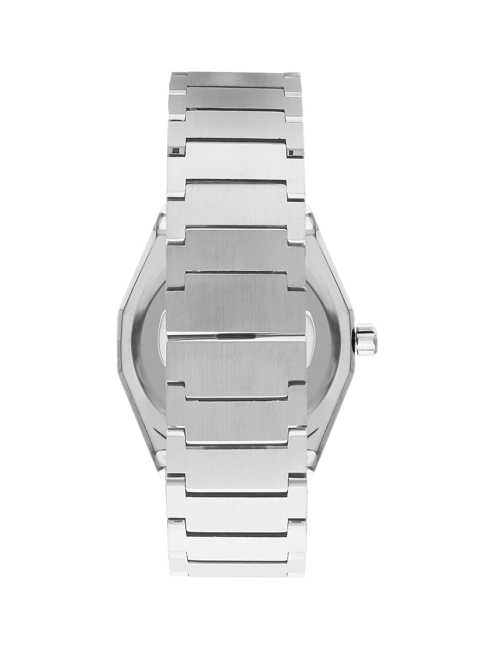 Angled view of Slazenger silver stainless steel men's watch with metal bracelet