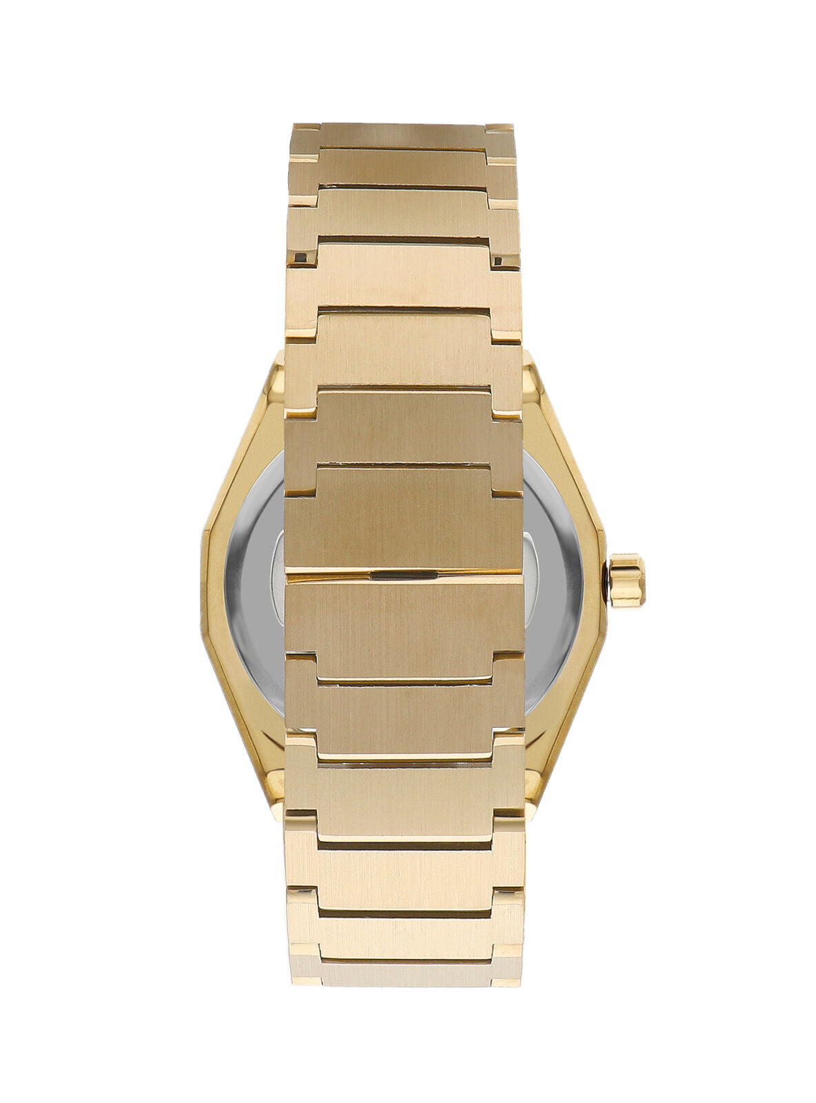 Caseback view of Slazenger octagonal gold watch with transparent display case back