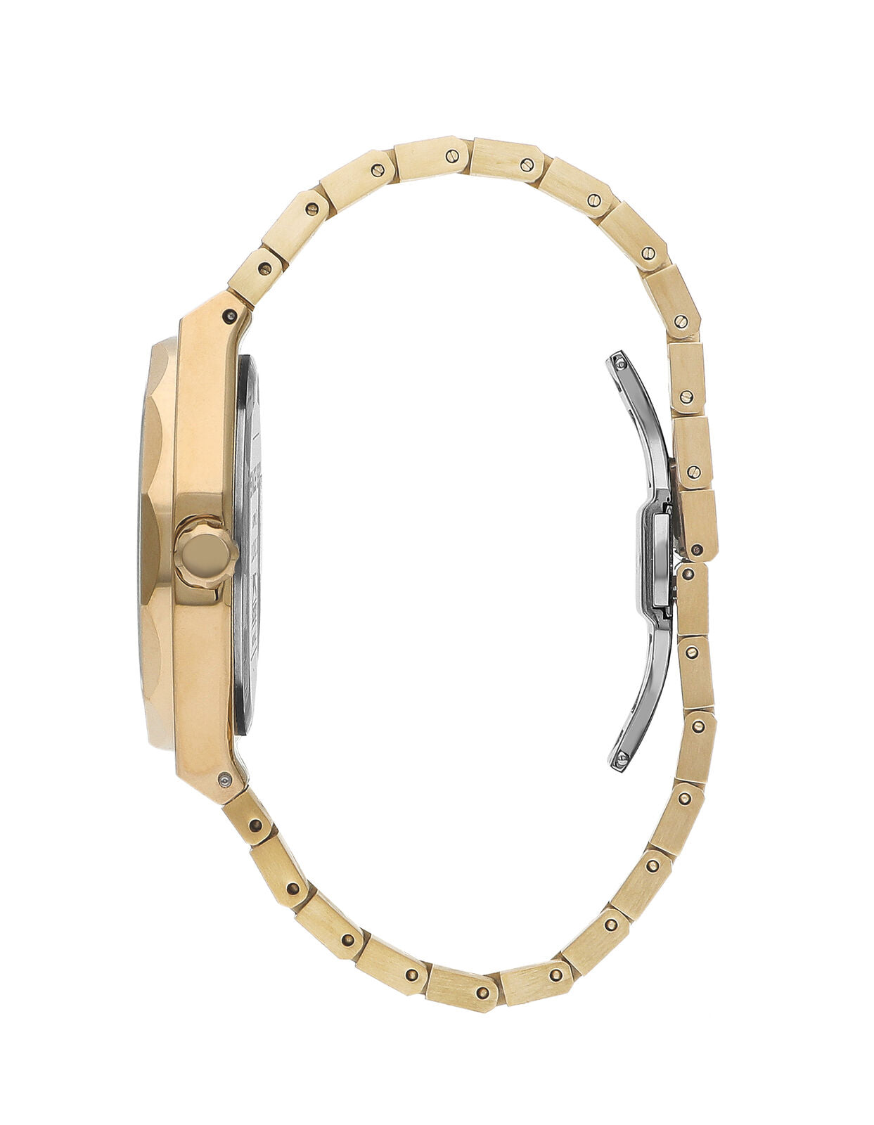 Side view of Slazenger gold watch showing octagonal case profile and full gold link bracelet