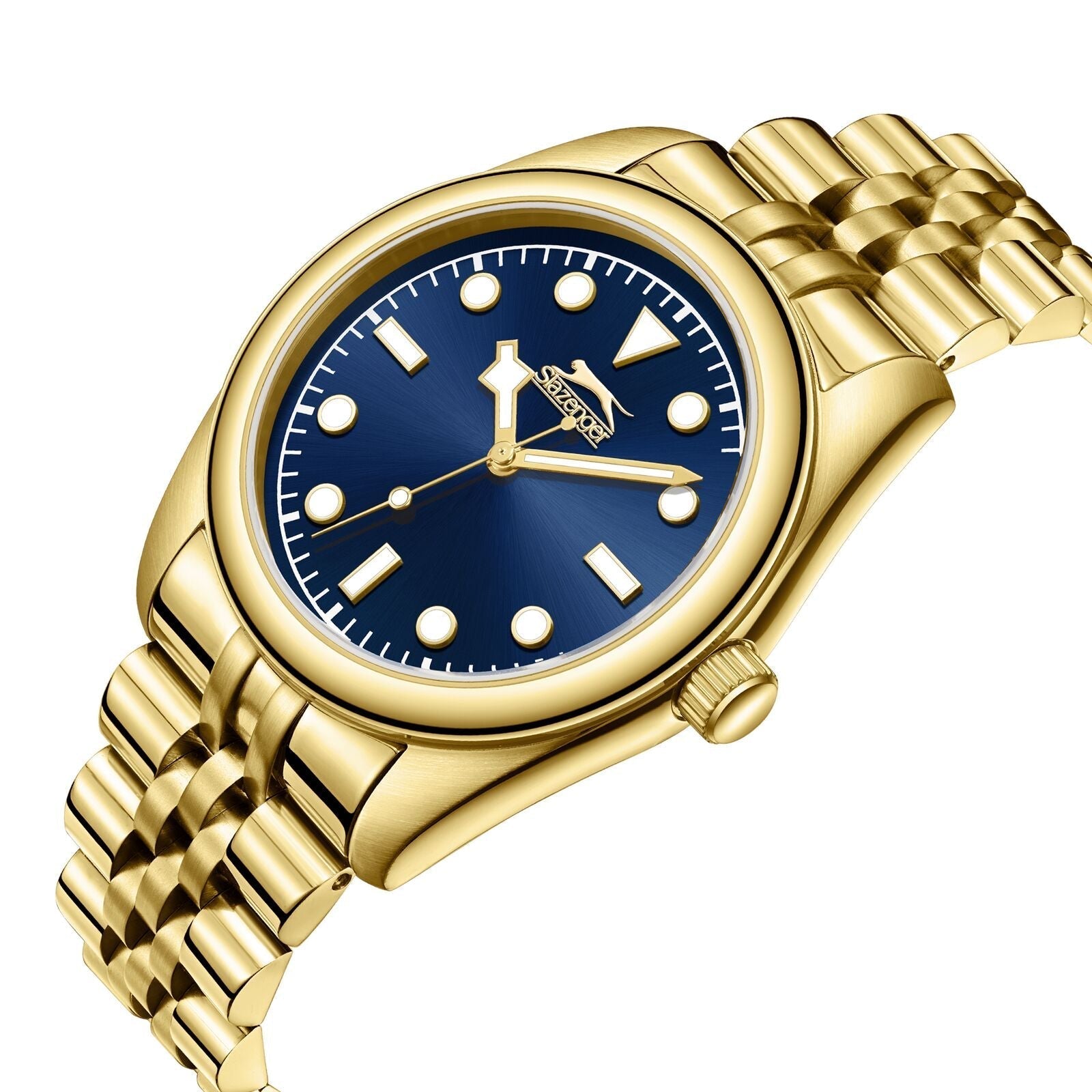 Slazenger gold watch angled view showing navy dial and gold bracelet