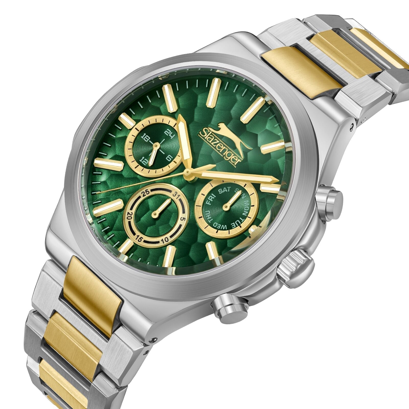 Slazenger watch angled view showing green dial and two-tone bracelet with gold accents