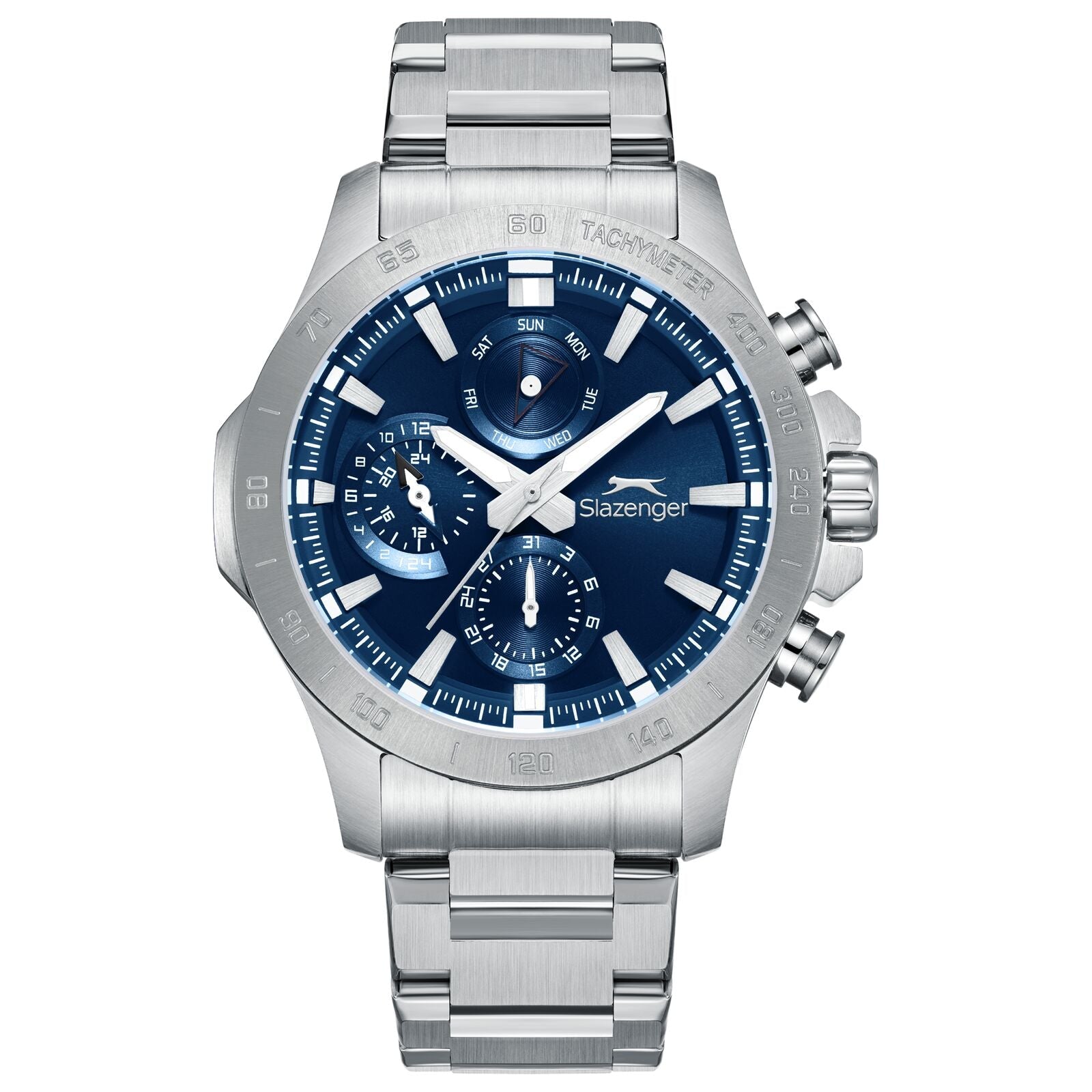 Slazenger silver stainless steel oversized multifunction watch with navy blue dial and chronograph subdials