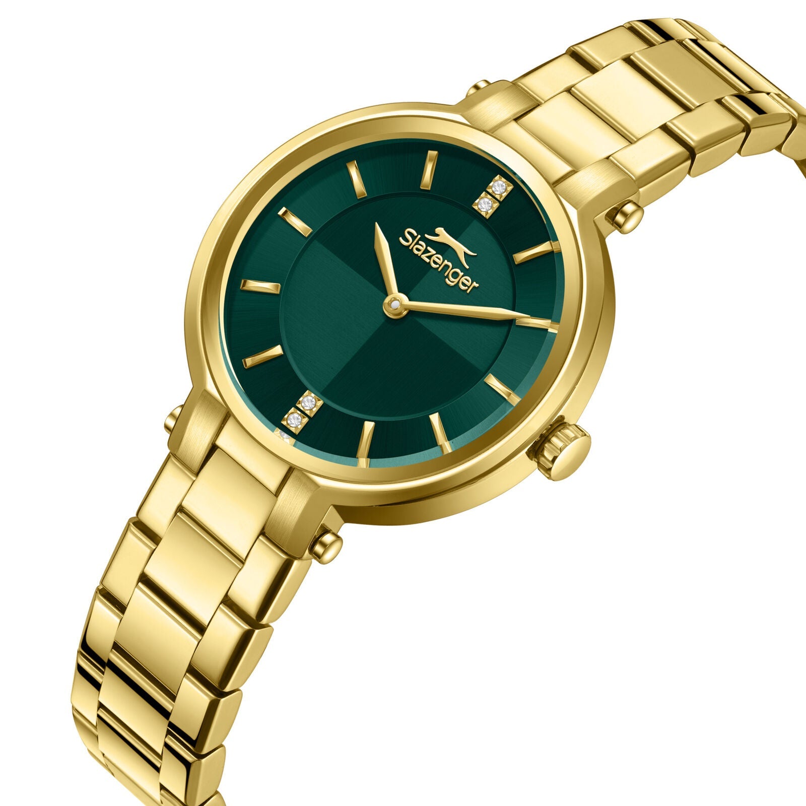 Slazenger gold watch with green dial and gold bracelet, angled view