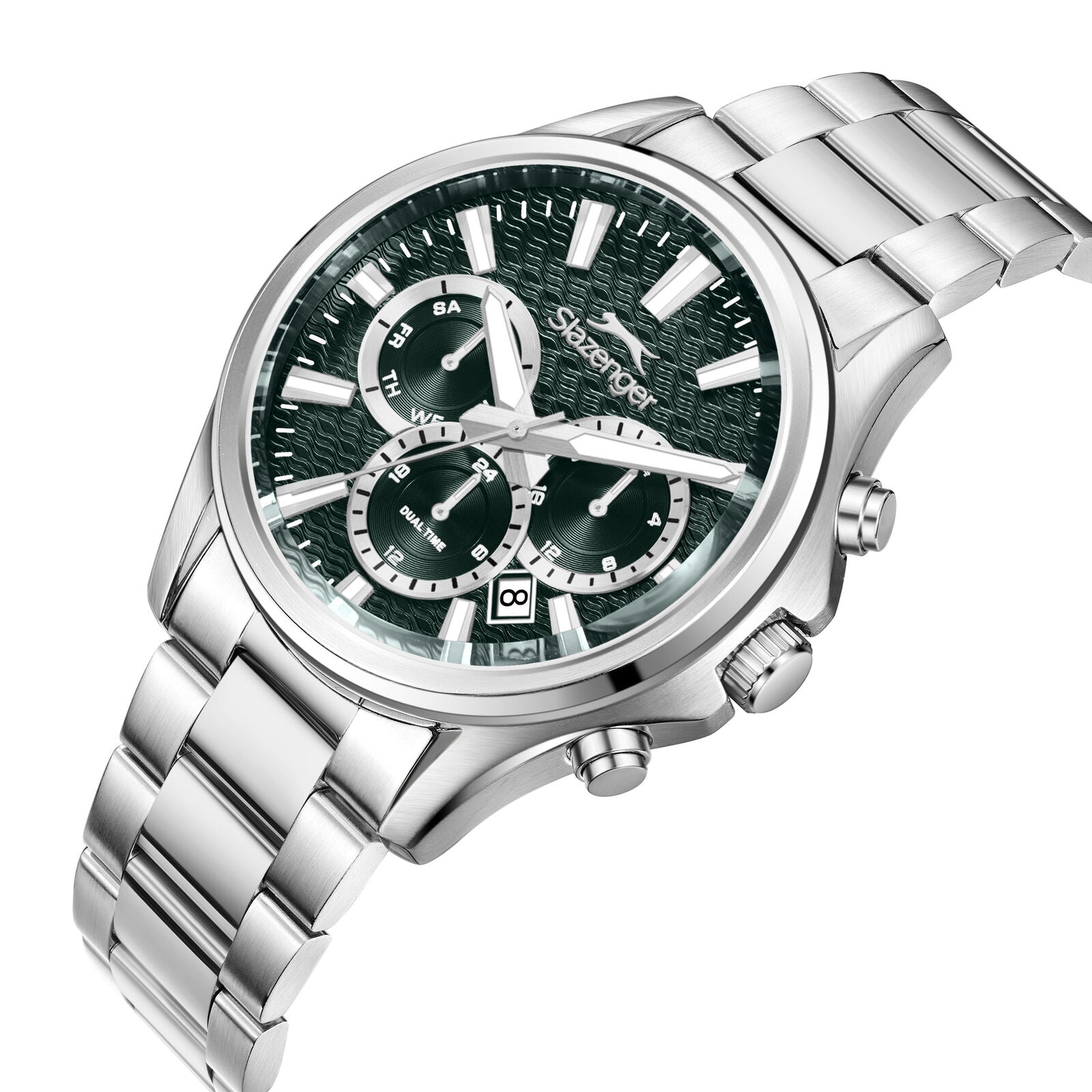 Slazenger multifunction watch angled view showing emerald dial, chronograph subdials, and silver bracelet