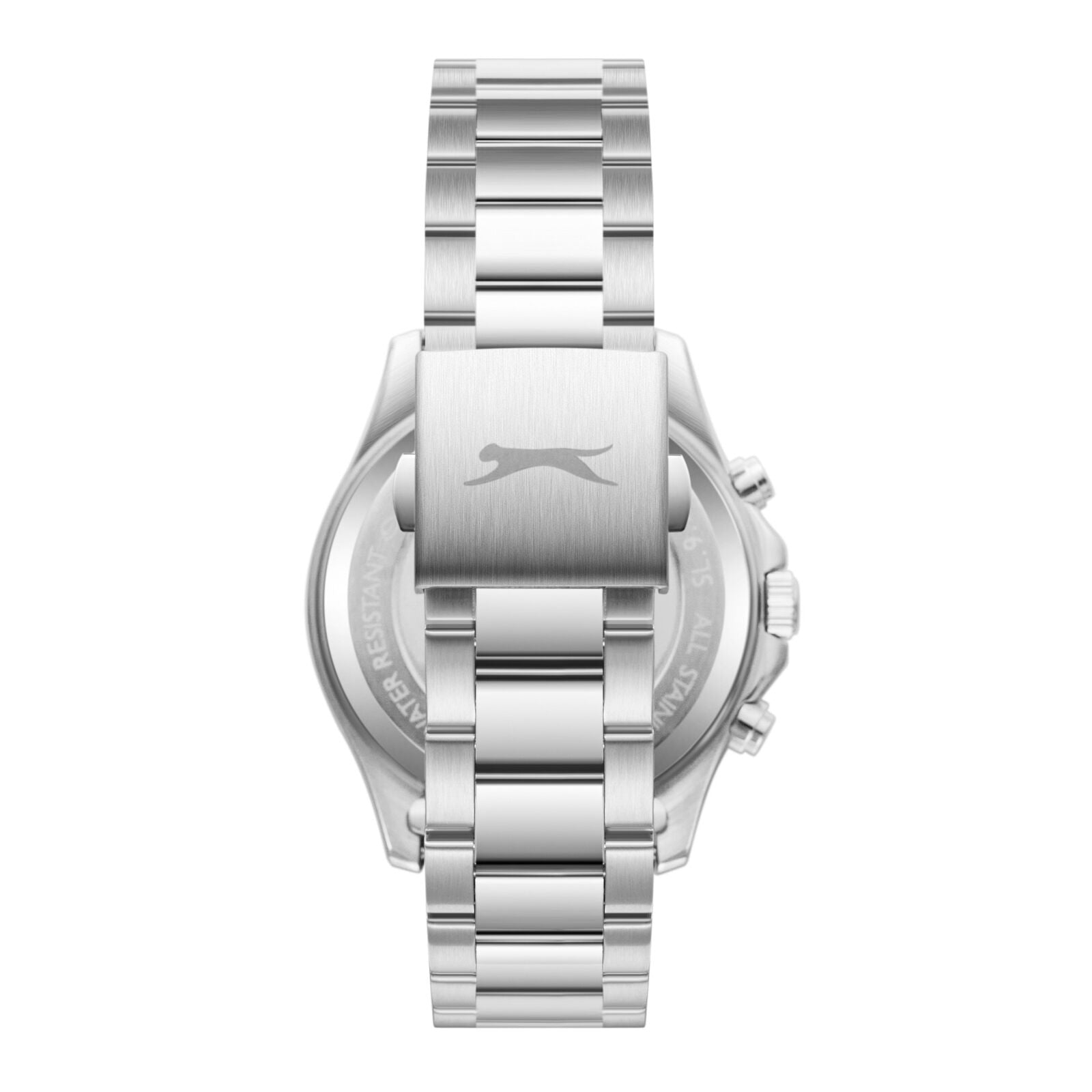 Slazenger watch caseback showing silver stainless steel and Slazenger branding