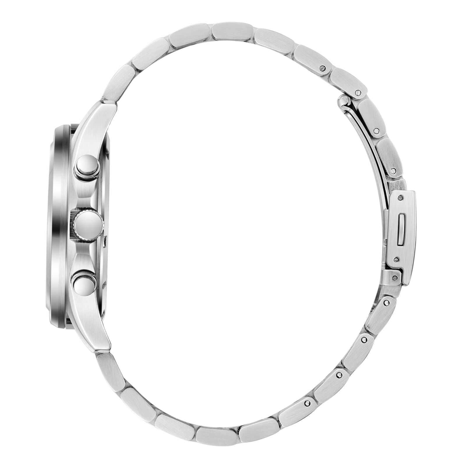 Slazenger watch side view displaying chronograph pushers and silver stainless steel band