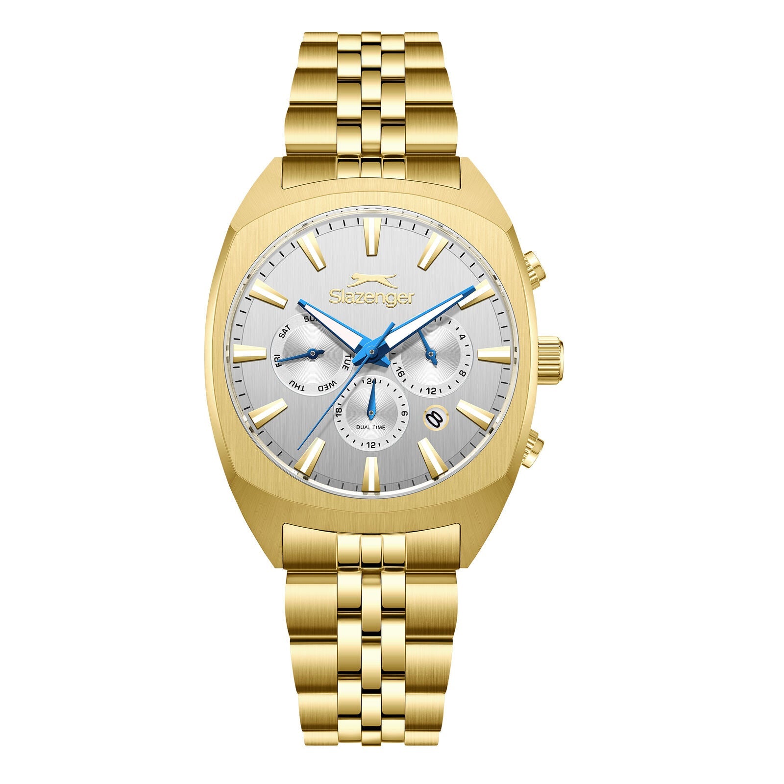 Slazenger Luminous Multifunction gold watch with silver sunray dial and chronograph subdials