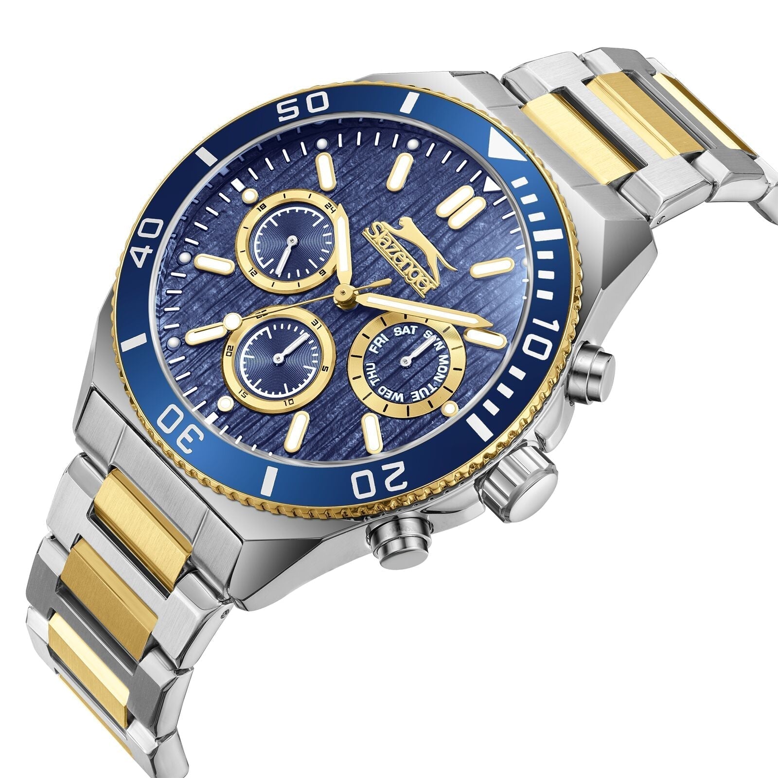 Slazenger Sport watch at angle showing blue bezel, gold subdials and two-tone bracelet