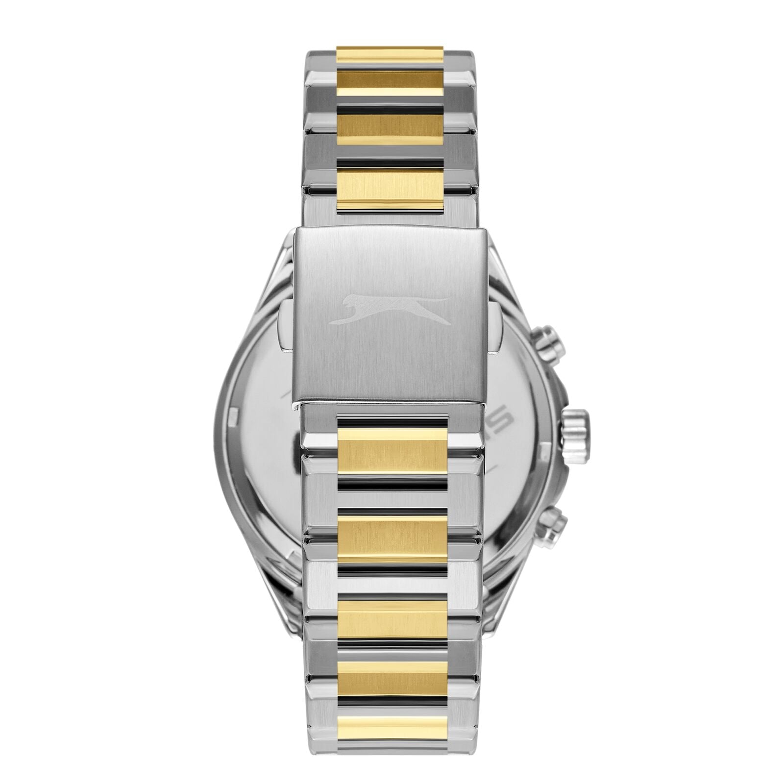 Slazenger Sport watch caseback showing two-tone stainless steel bracelet