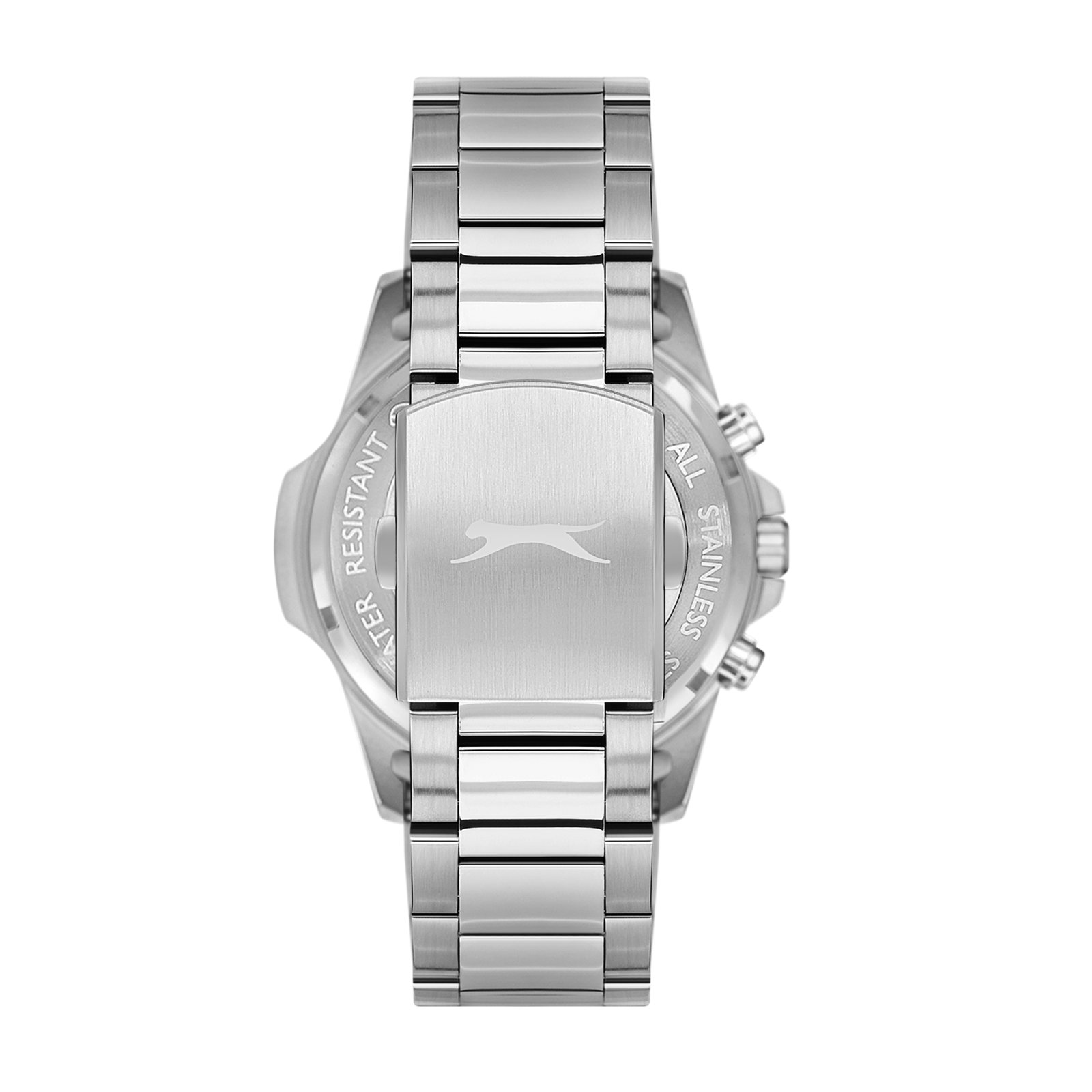 Caseback of Slazenger Sporty watch displaying Slazenger branding on silver steel