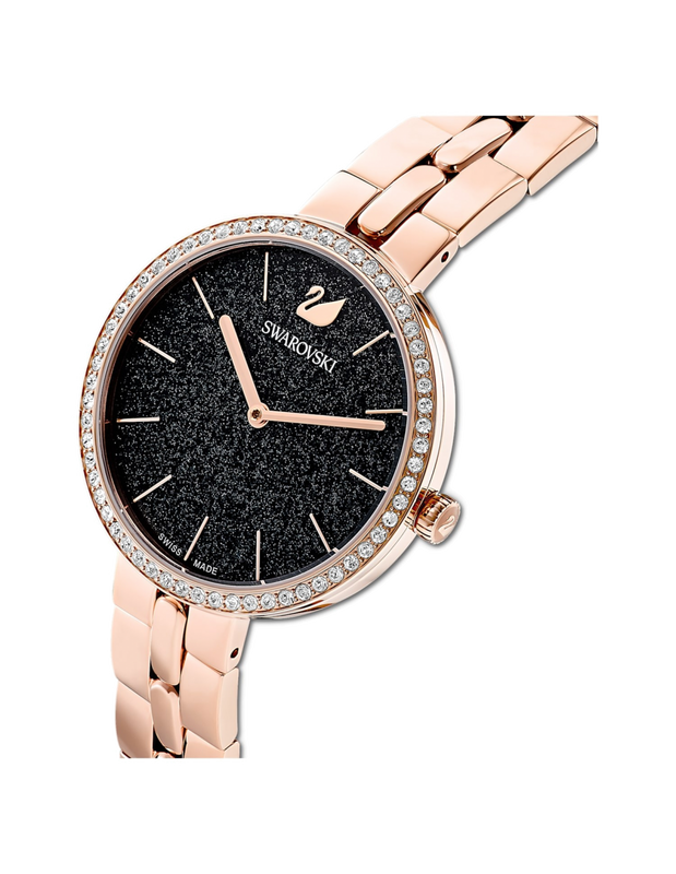 Three-quarter angle view of Swarovski Crystal Pave watch with rose gold bracelet